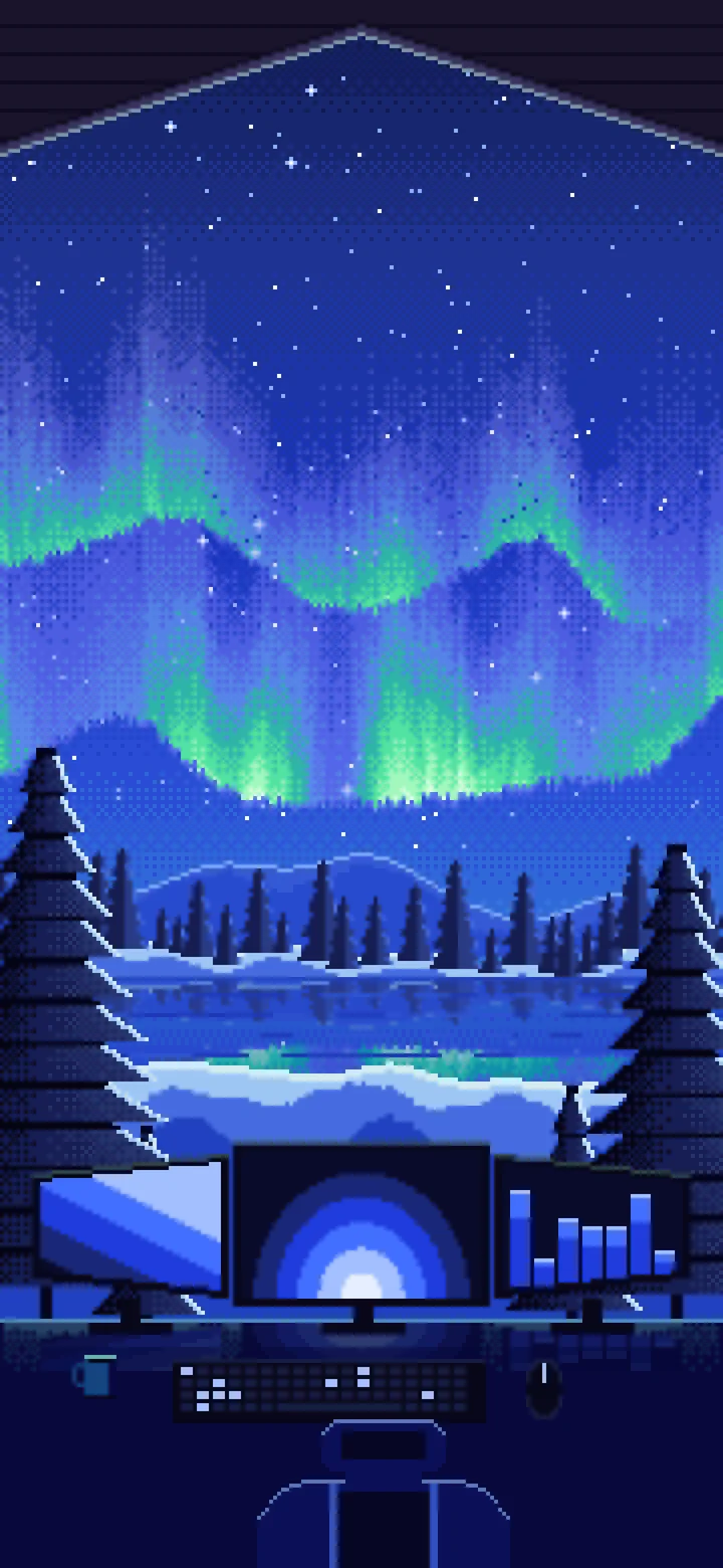 Royal Blue Pixel Art Gaming Setup Under the Northern Lights wallpaper for iPhone and Android