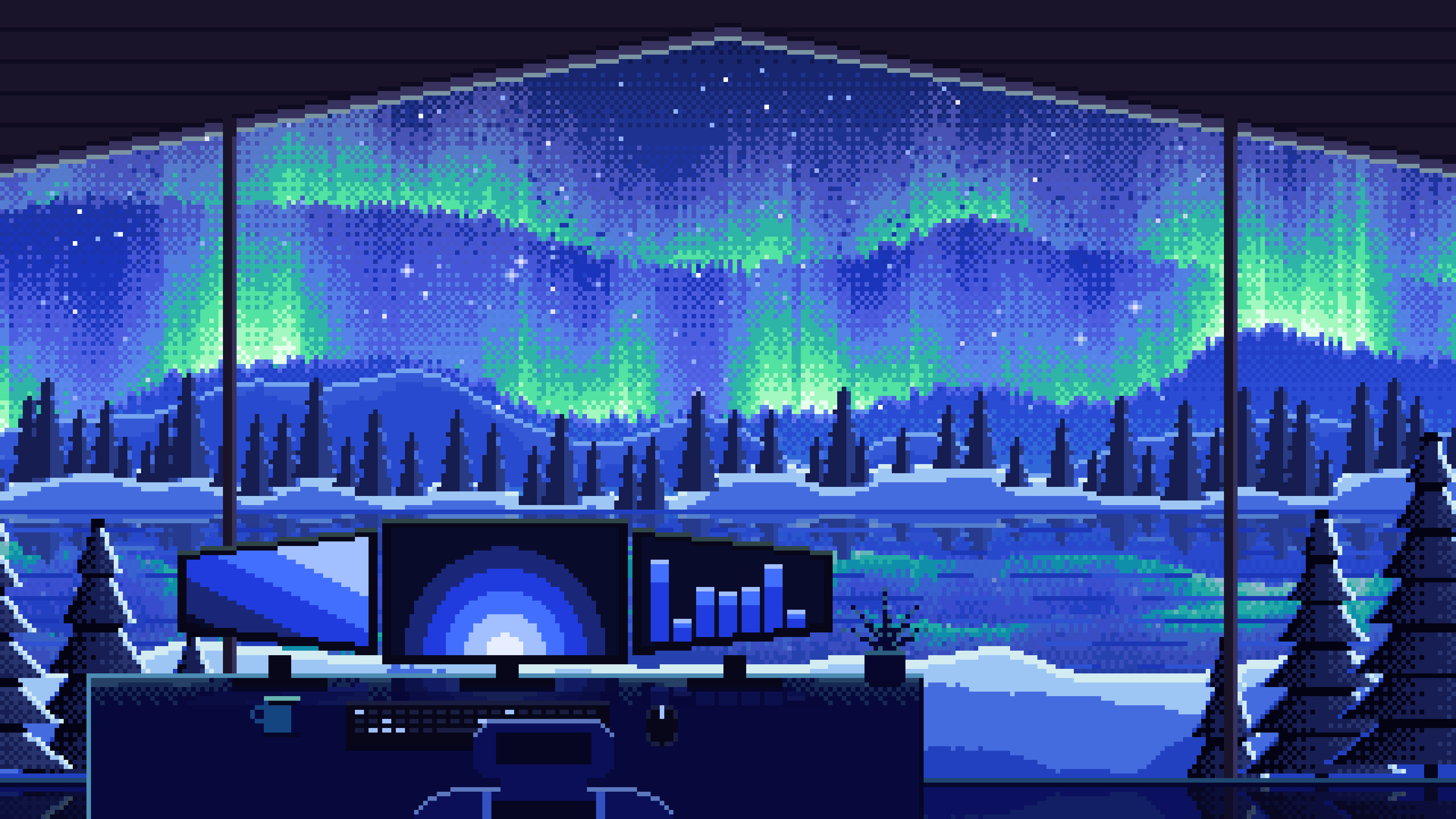 Royal Blue Pixel Art Gaming Setup Under the Northern Lights desktop wallpaper in 4K