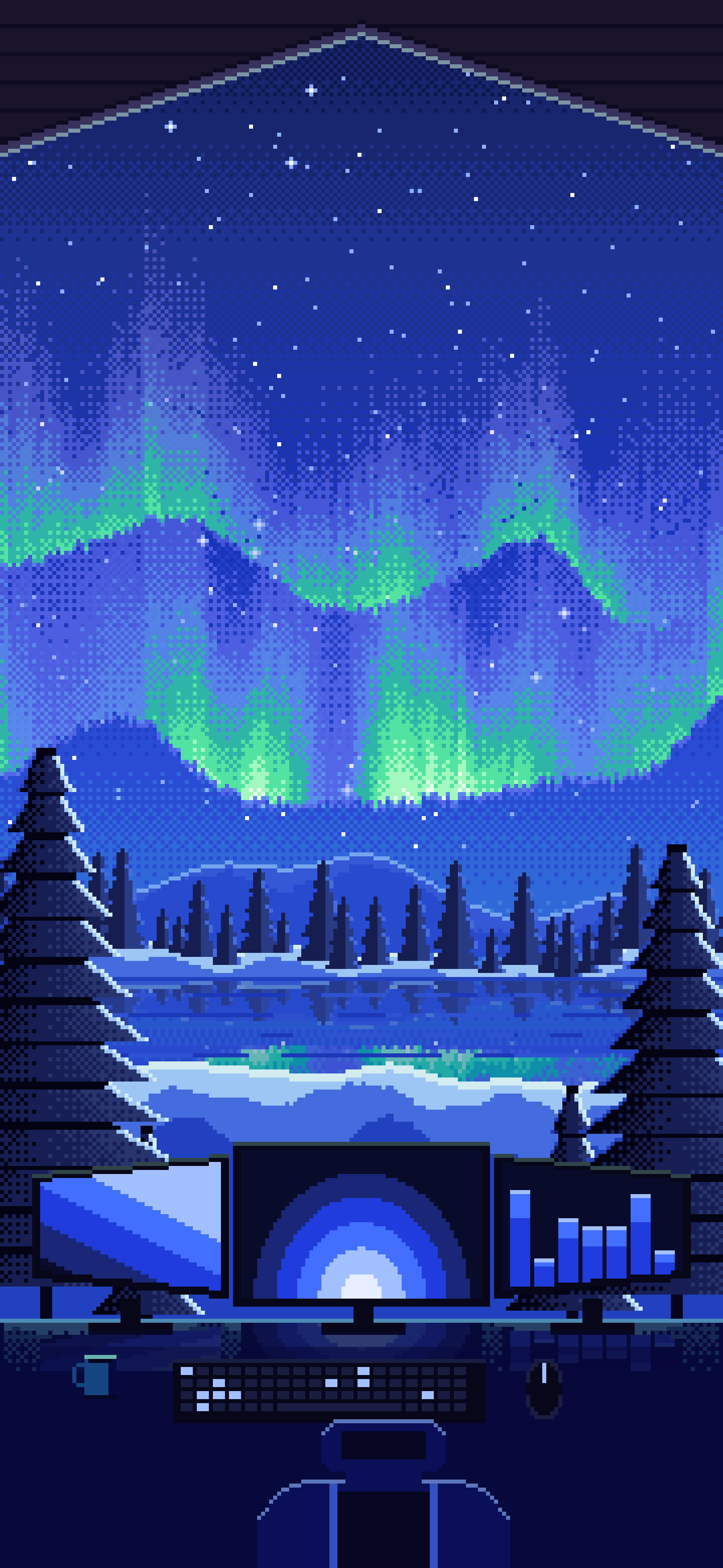 Royal Blue Pixel Art Gaming Setup Under the Northern Lights wallpaper for iPhone and Android