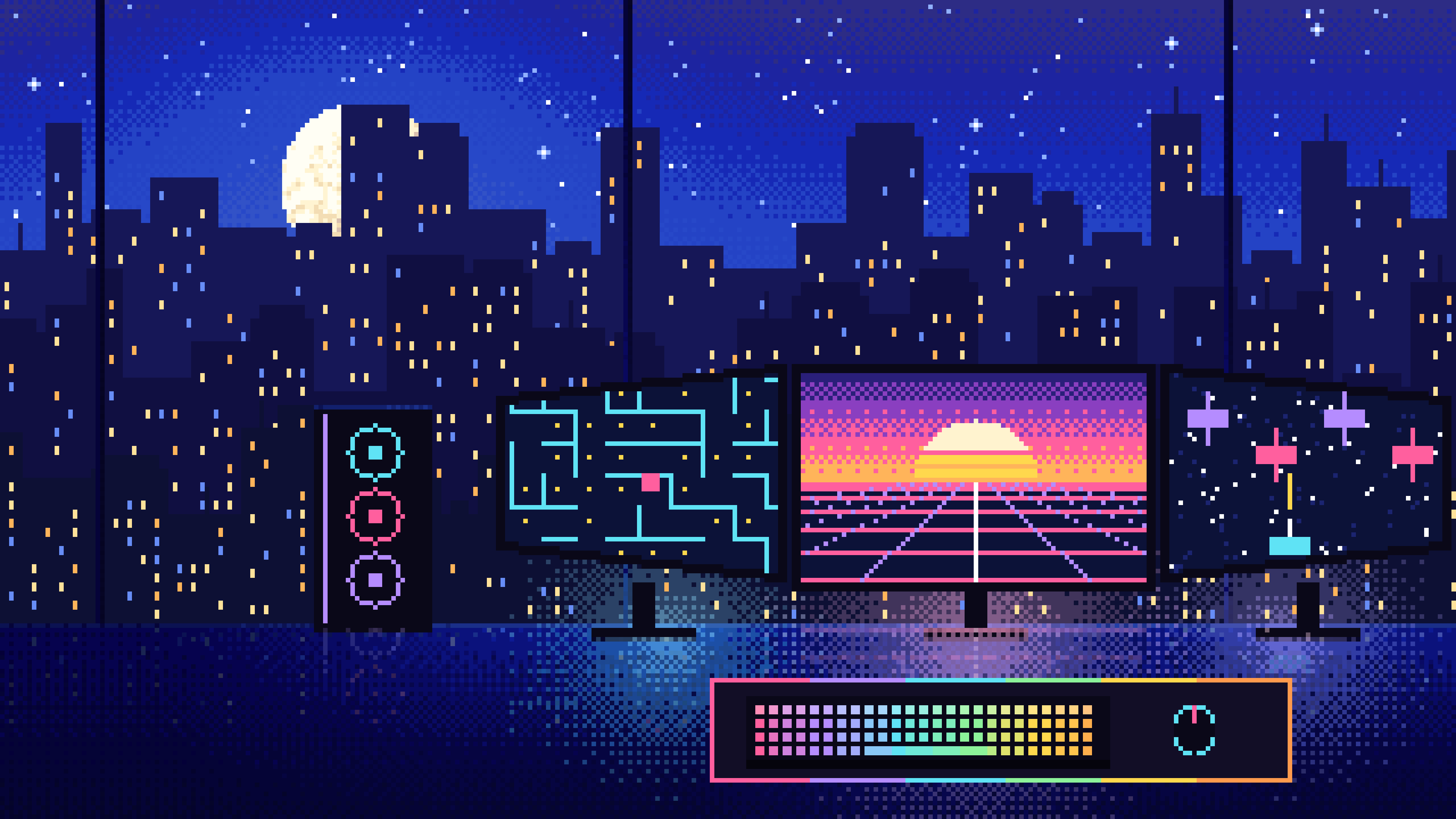 Royal Blue Pixel Art Gaming Setup With a City View desktop wallpaper in 4K