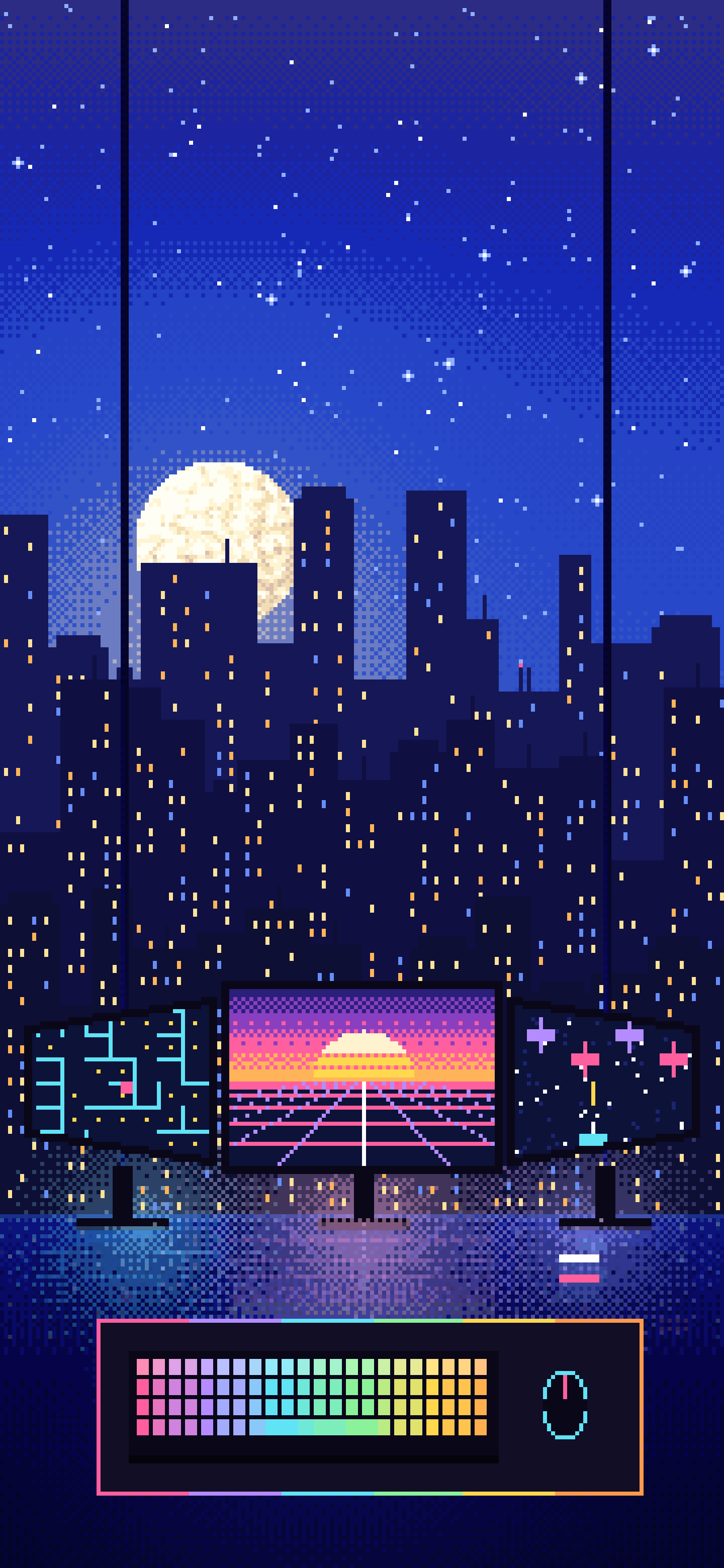 Royal Blue Pixel Art Gaming Setup With a City View wallpaper for iPhone and Android