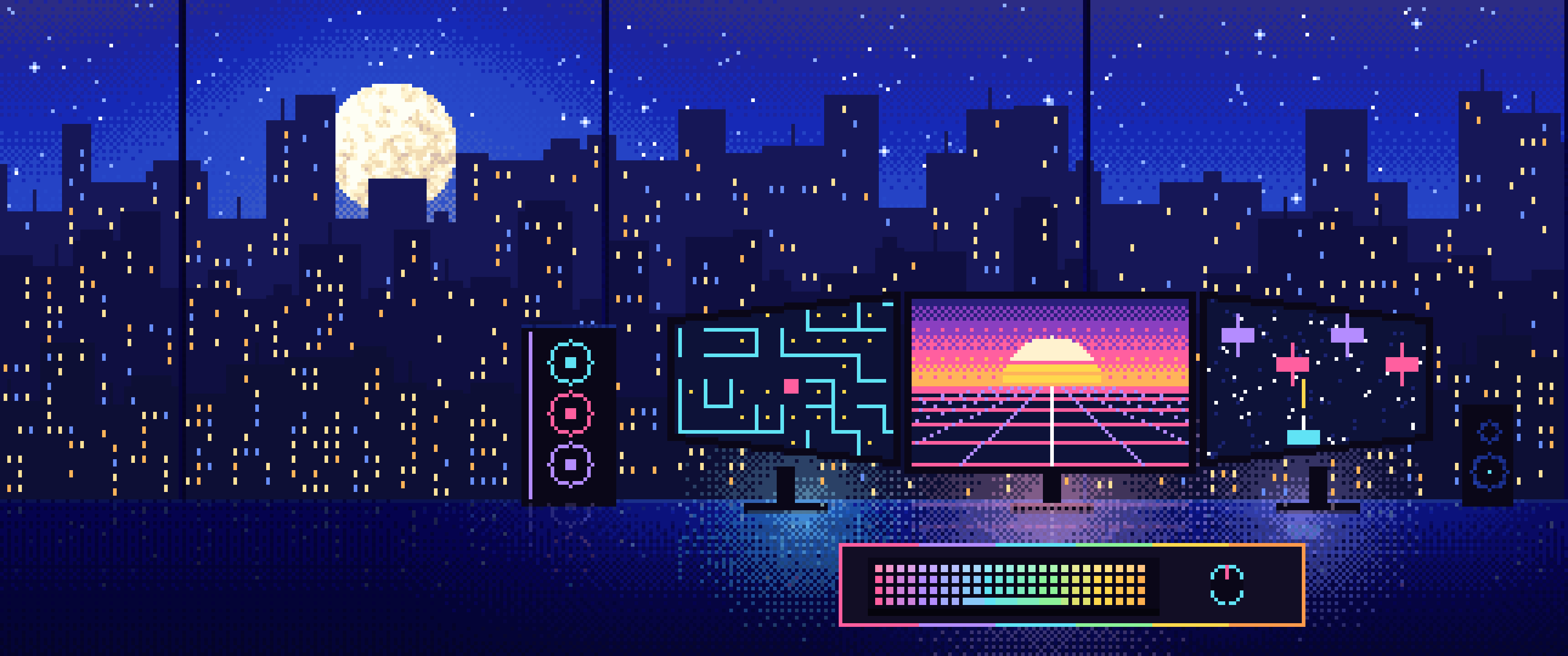 Royal Blue Pixel Art Gaming Setup With a City View ultrawide wallpaper, 3440 × 1440