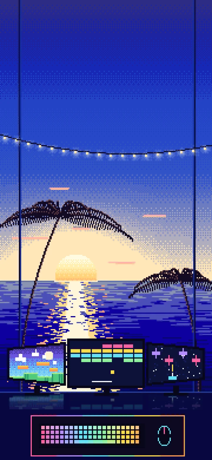 Royal Blue Pixel Art Gaming Setup With an Ocean Sunset wallpaper for iPhone and Android