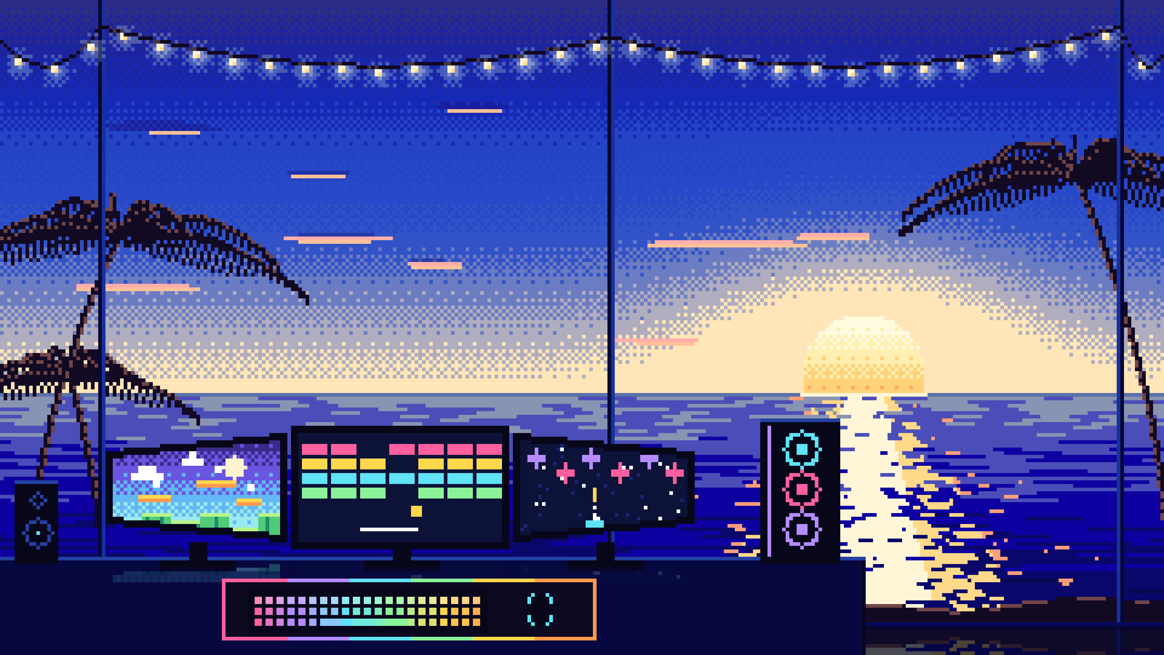 Royal Blue Pixel Art Gaming Setup With an Ocean Sunset desktop wallpaper in 4K