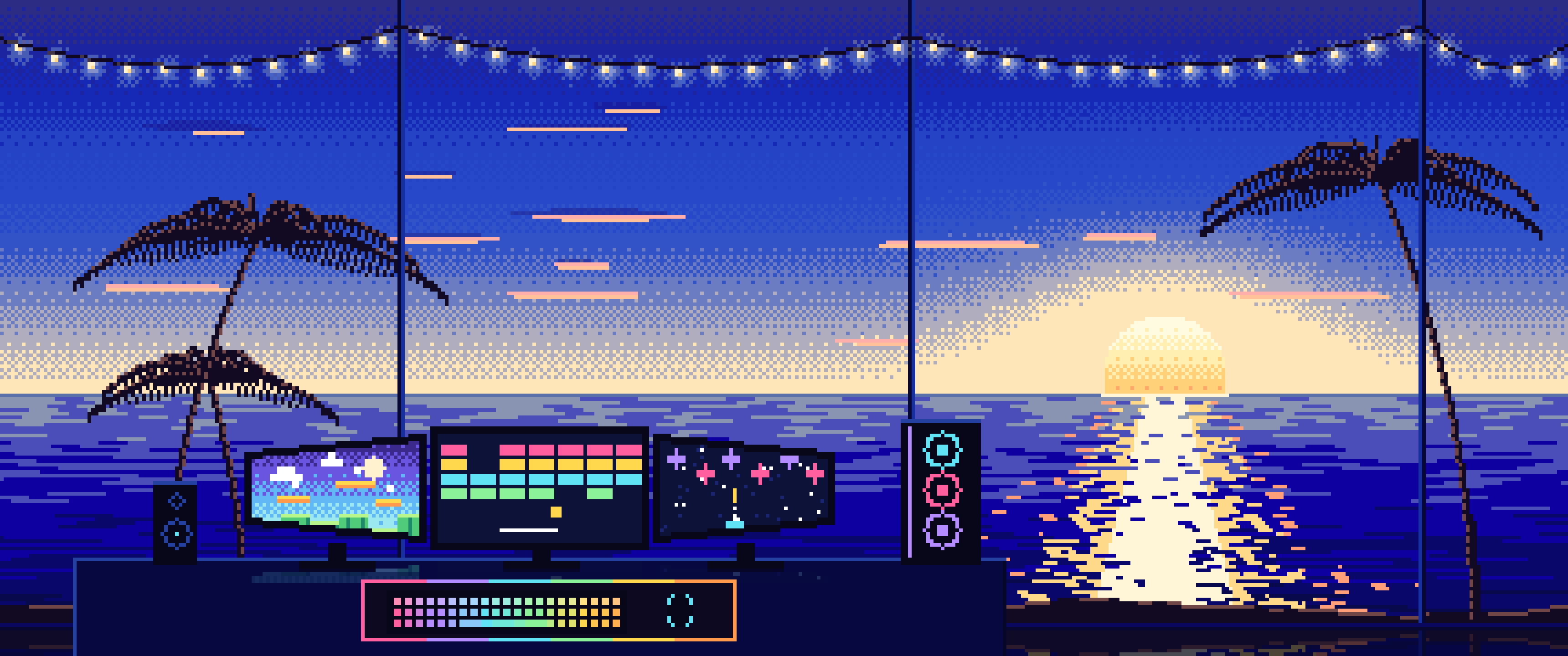 Royal Blue Pixel Art Gaming Setup With an Ocean Sunset ultrawide wallpaper, 3440 × 1440