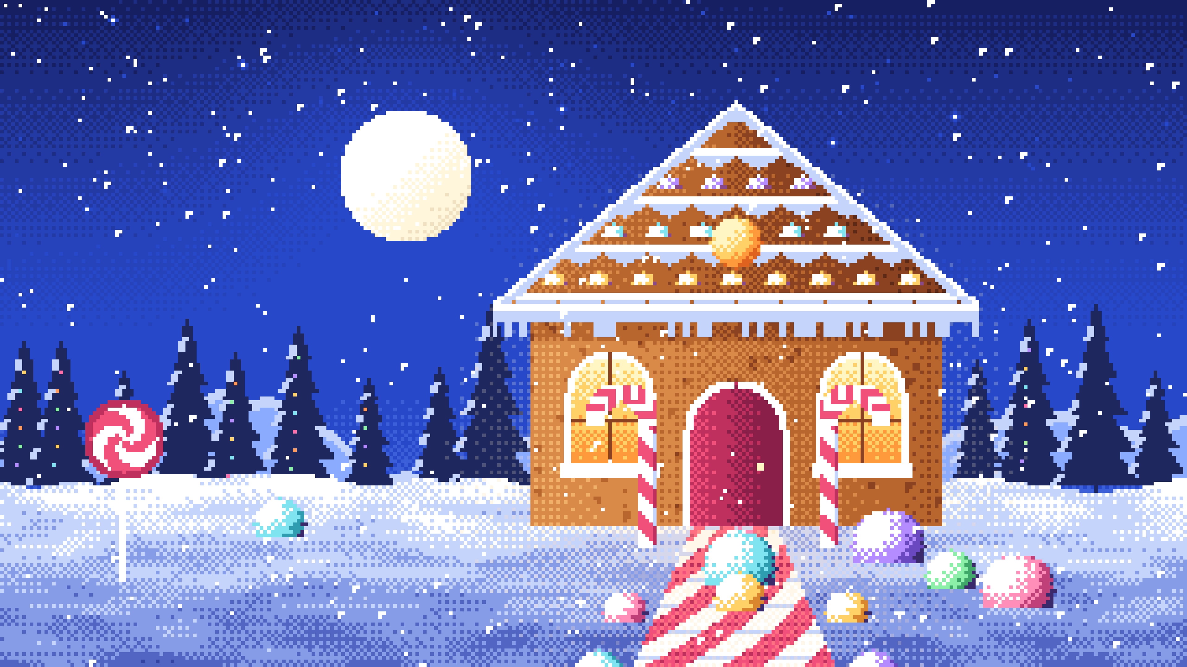 Royal Blue Pixel Art Gingerbread House desktop wallpaper in 4K