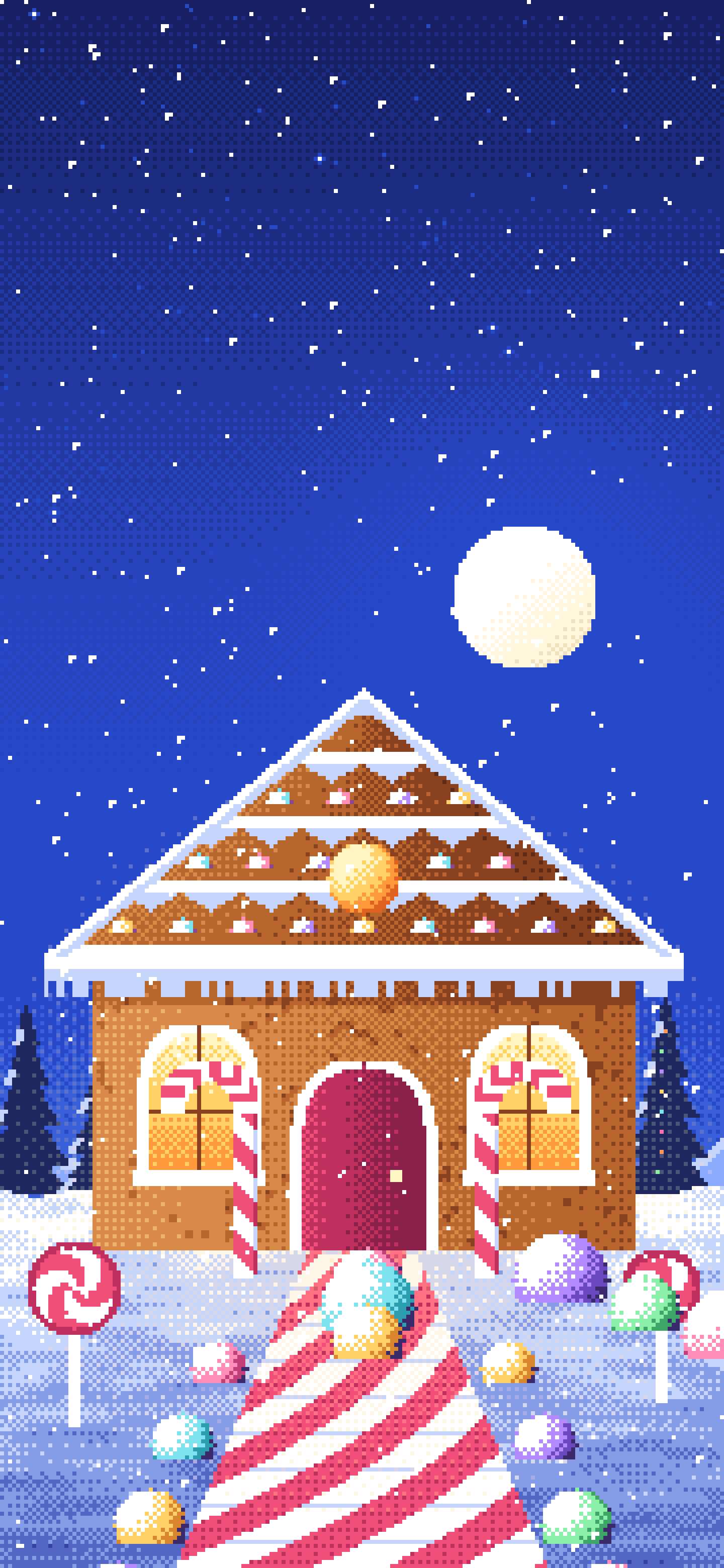 Royal Blue Pixel Art Gingerbread House wallpaper for iPhone and Android