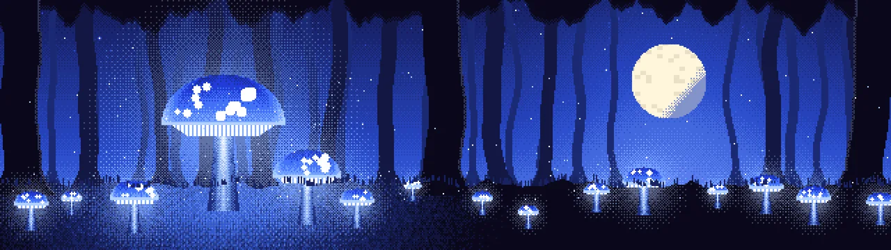 Royal Blue Pixel Art Glowing Mushrooms dual monitor wallpaper, 7680 × 2160