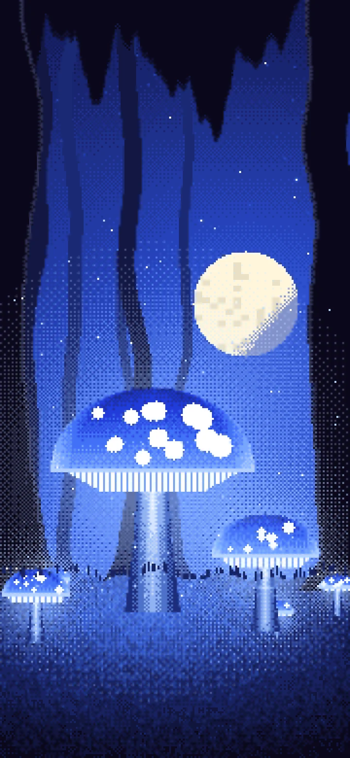 Royal Blue Pixel Art Glowing Mushrooms wallpaper for iPhone and Android