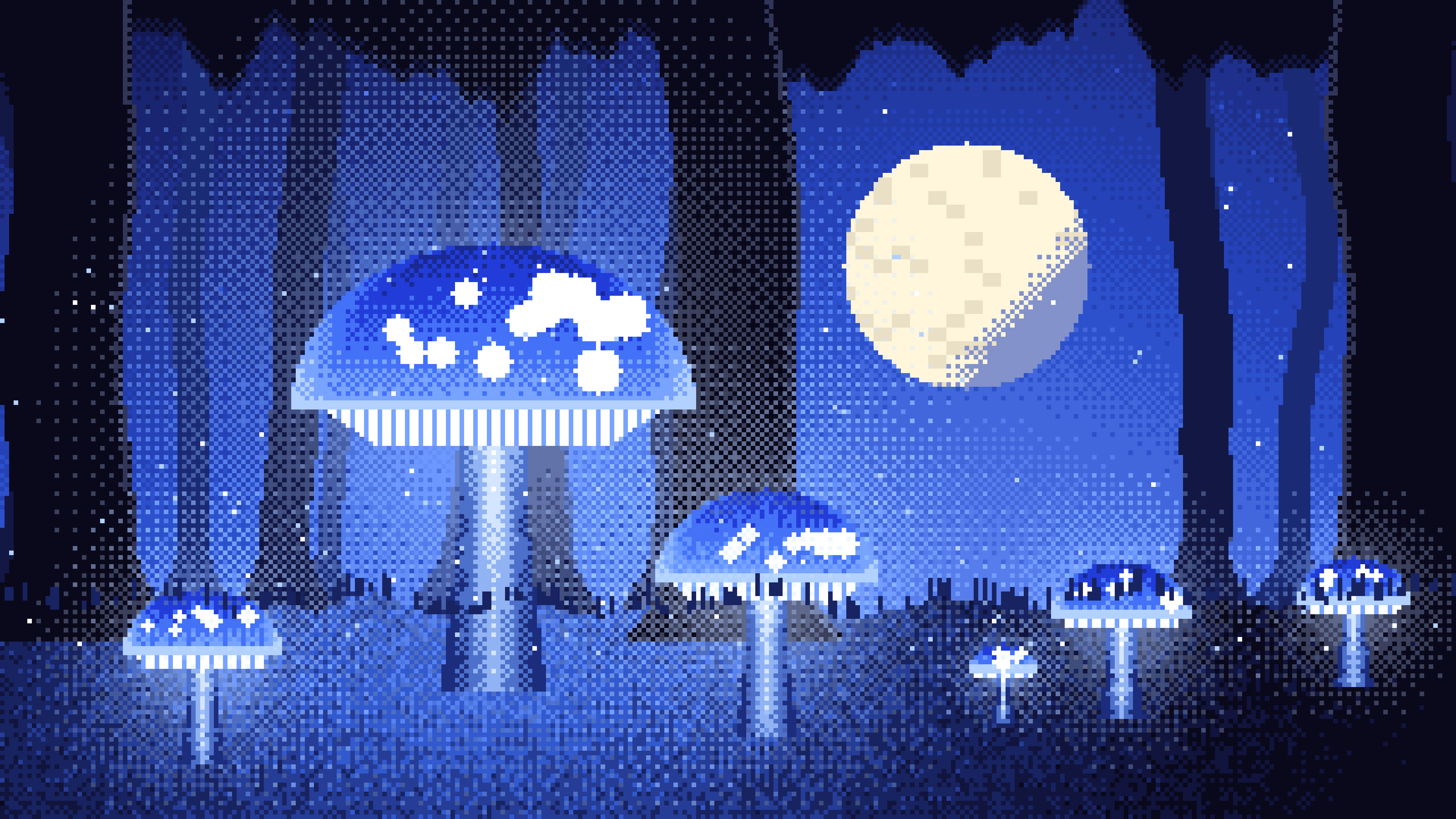 Royal Blue Pixel Art Glowing Mushrooms desktop wallpaper in 4K
