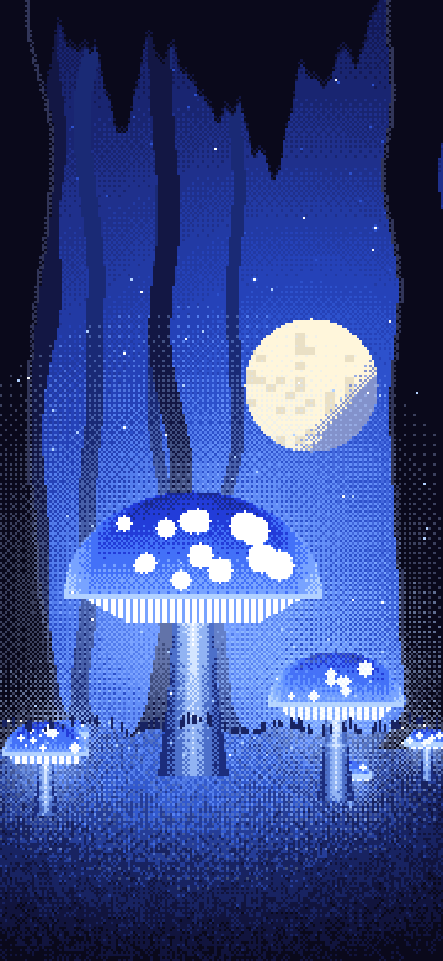 Royal Blue Pixel Art Glowing Mushrooms wallpaper for iPhone and Android
