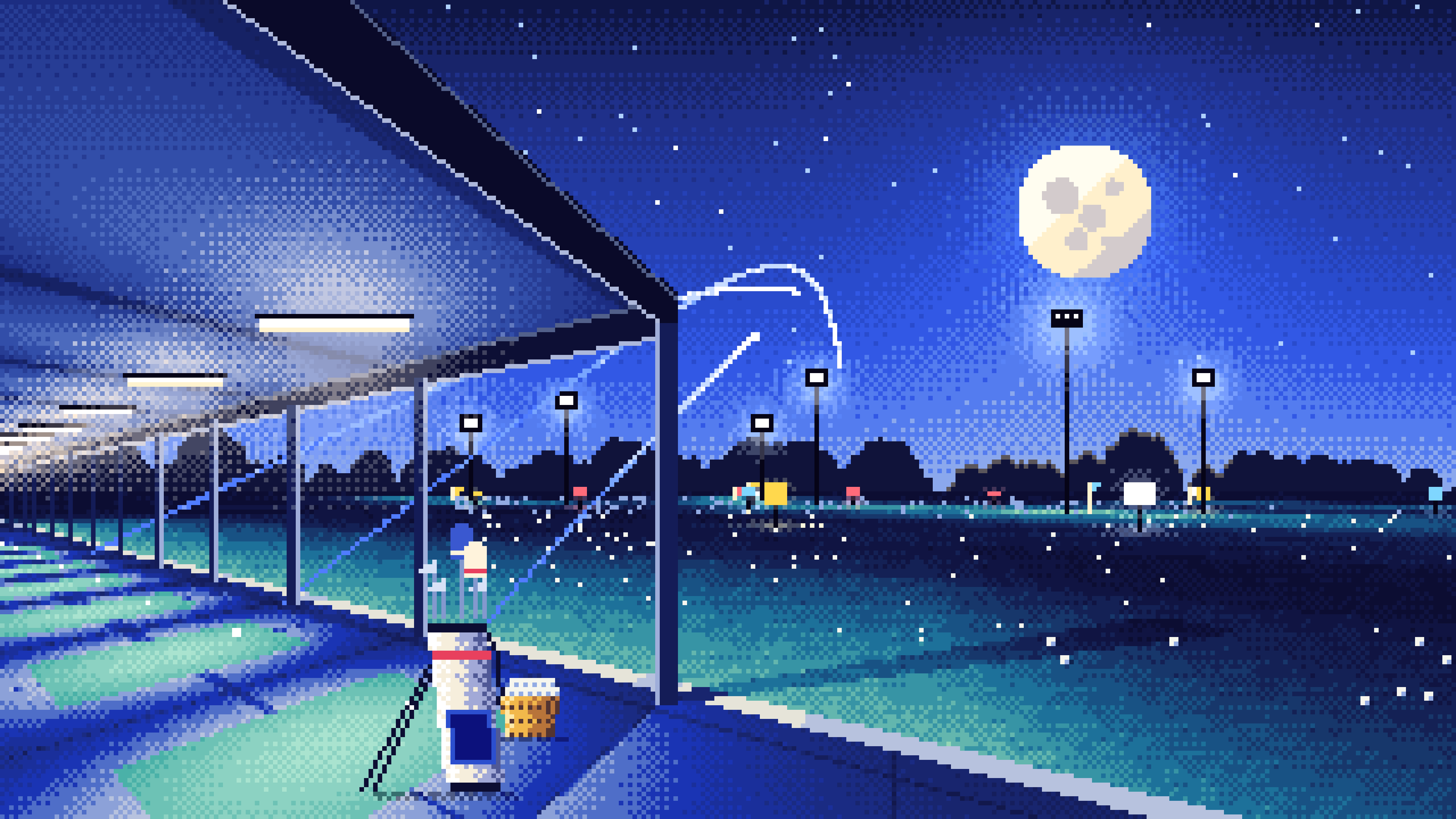 Royal Blue Pixel Art Golf Driving Range at Night desktop wallpaper in 4K