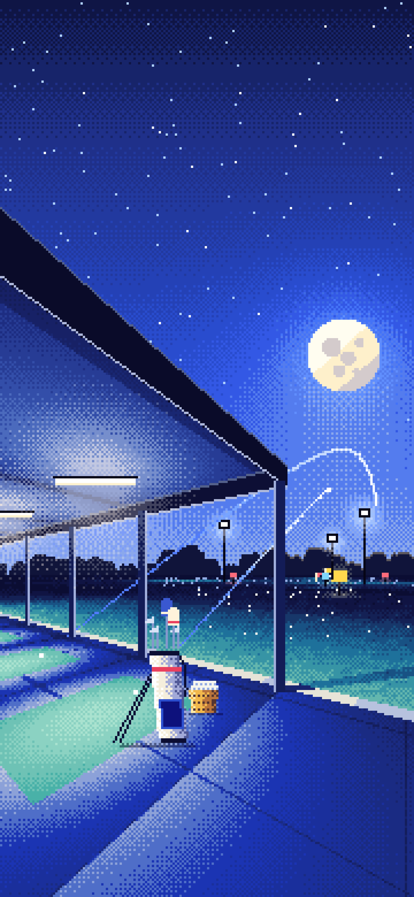 Royal Blue Pixel Art Golf Driving Range at Night wallpaper for iPhone and Android