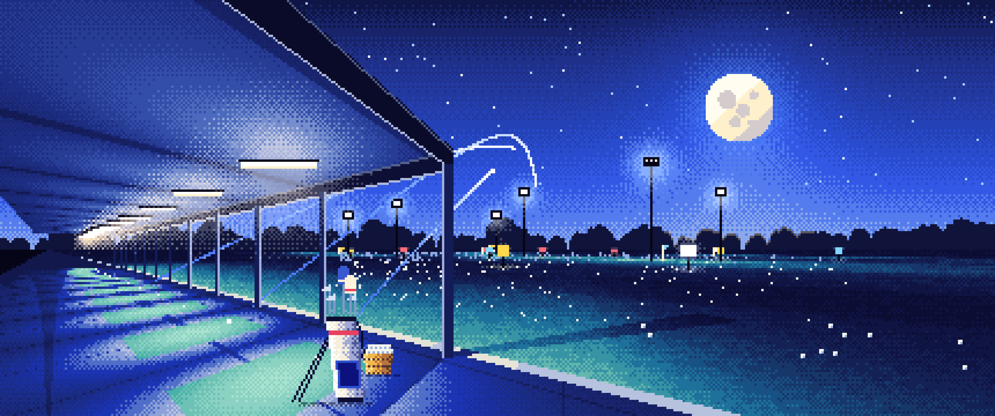Royal Blue Pixel Art Golf Driving Range at Night ultrawide wallpaper, 3440 × 1440