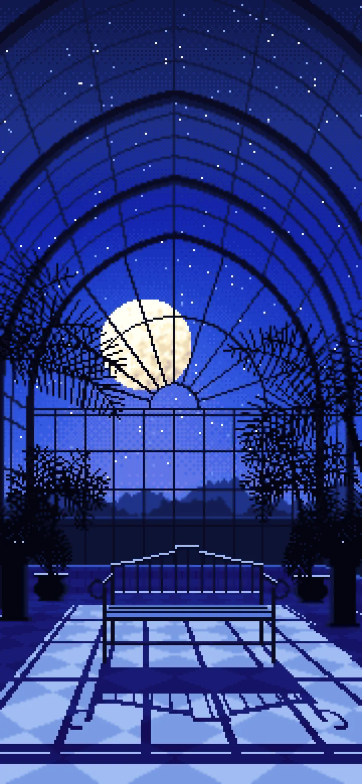 Royal Blue Pixel Art Gothic Greenhouse at Night wallpaper for iPhone and Android