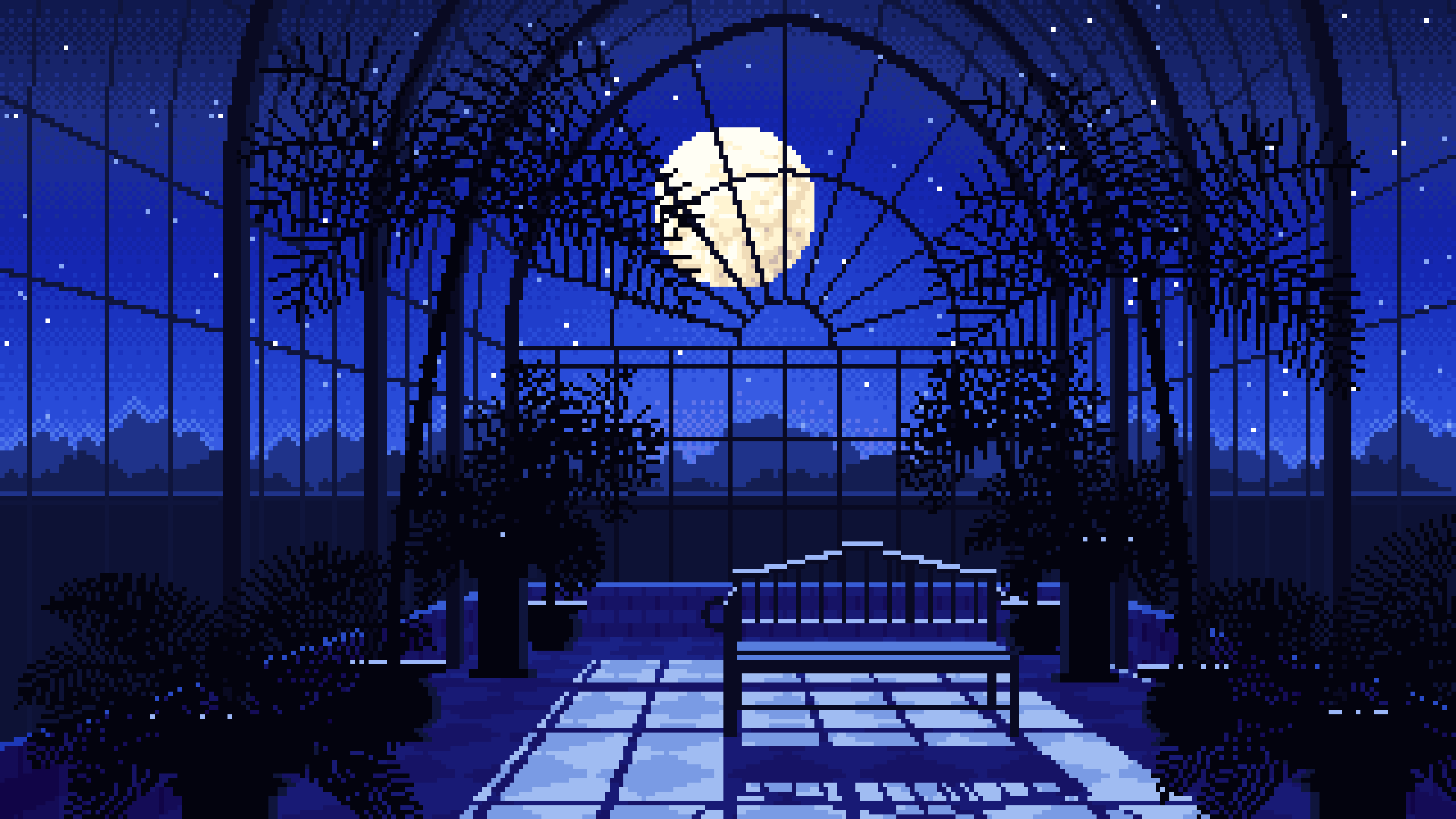 Royal Blue Pixel Art Gothic Greenhouse at Night desktop wallpaper in 4K