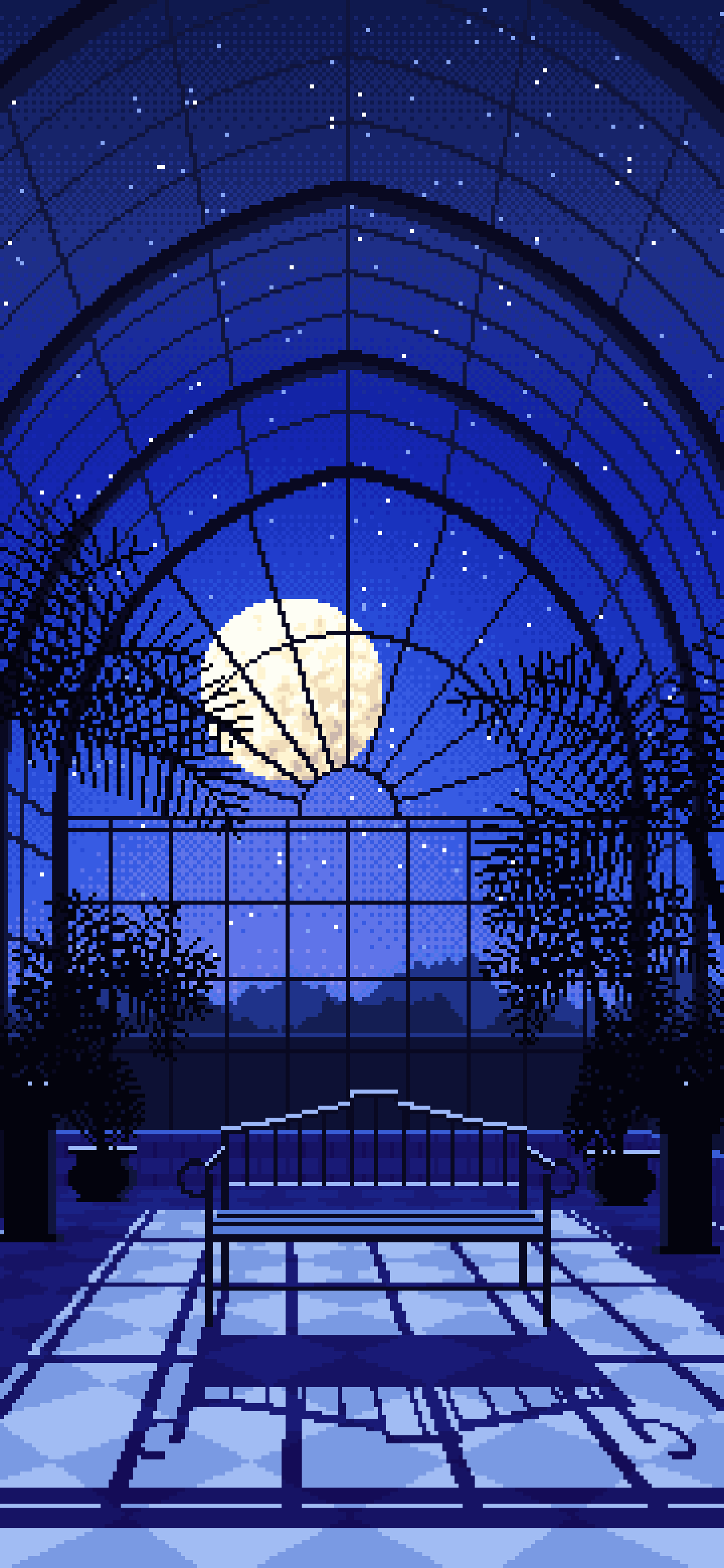Royal Blue Pixel Art Gothic Greenhouse at Night wallpaper for iPhone and Android