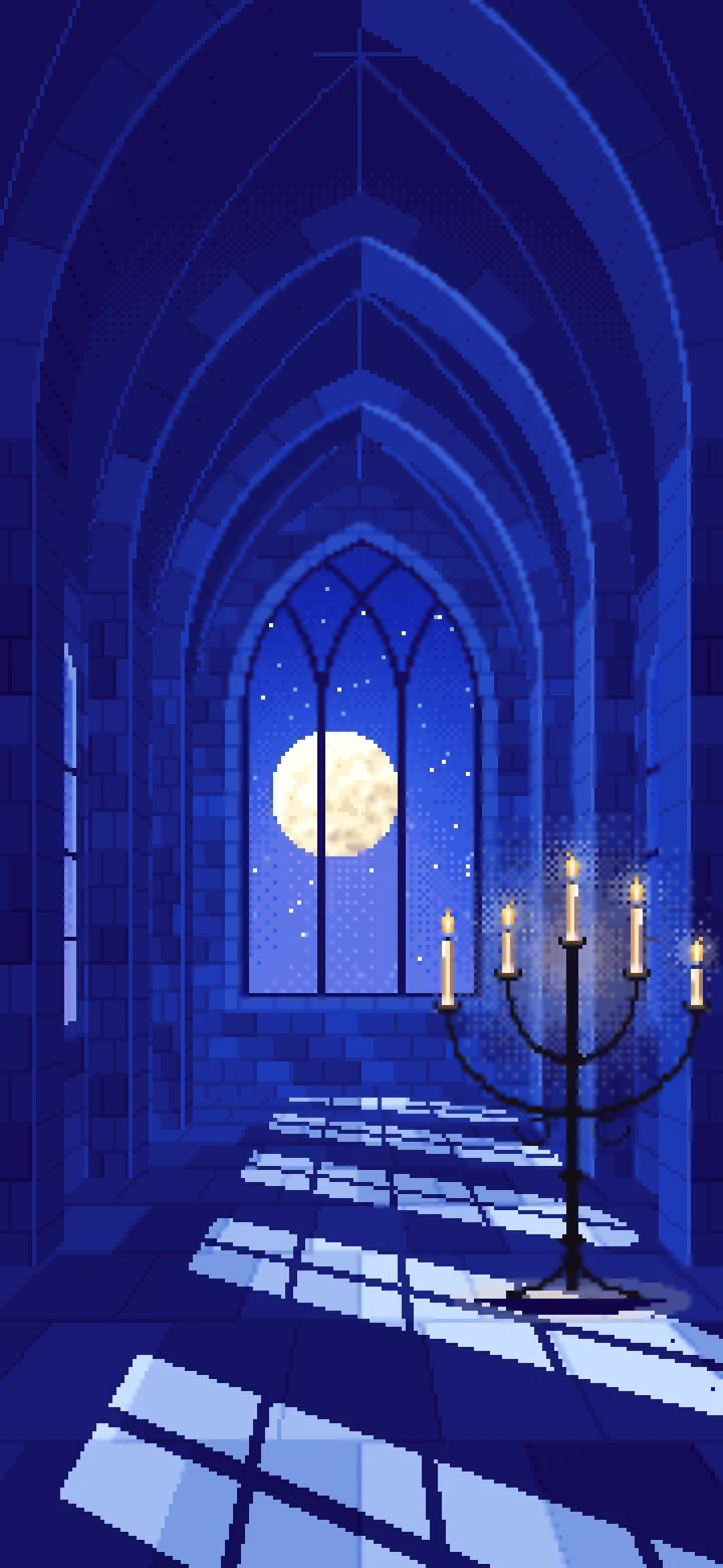 Royal Blue Pixel Art Gothic Hall by Moonlight wallpaper for iPhone and Android