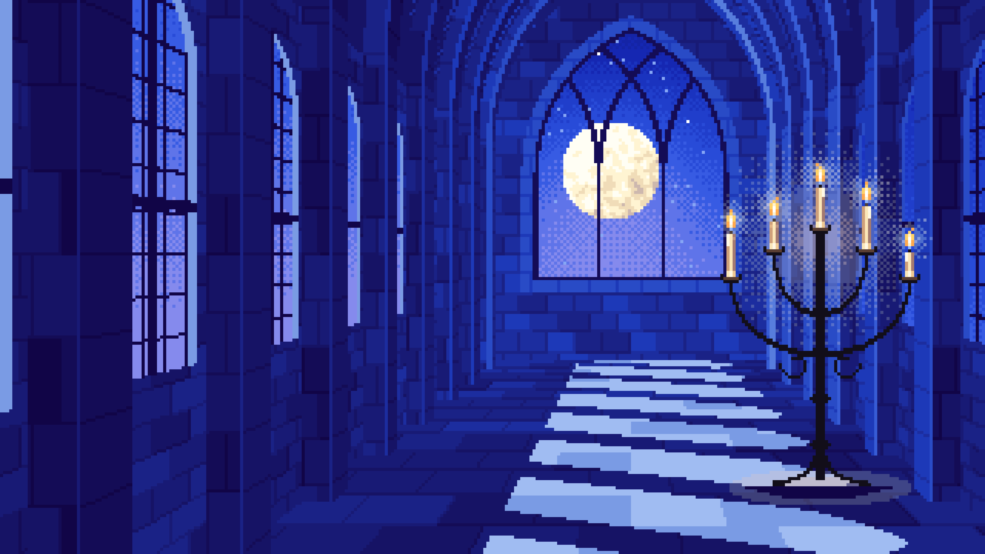 Royal Blue Pixel Art Gothic Hall by Moonlight desktop wallpaper in 4K