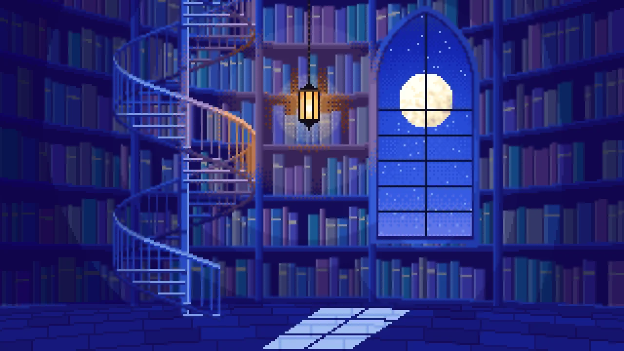 Royal Blue Pixel Art Gothic Library Staircase desktop wallpaper in 4K