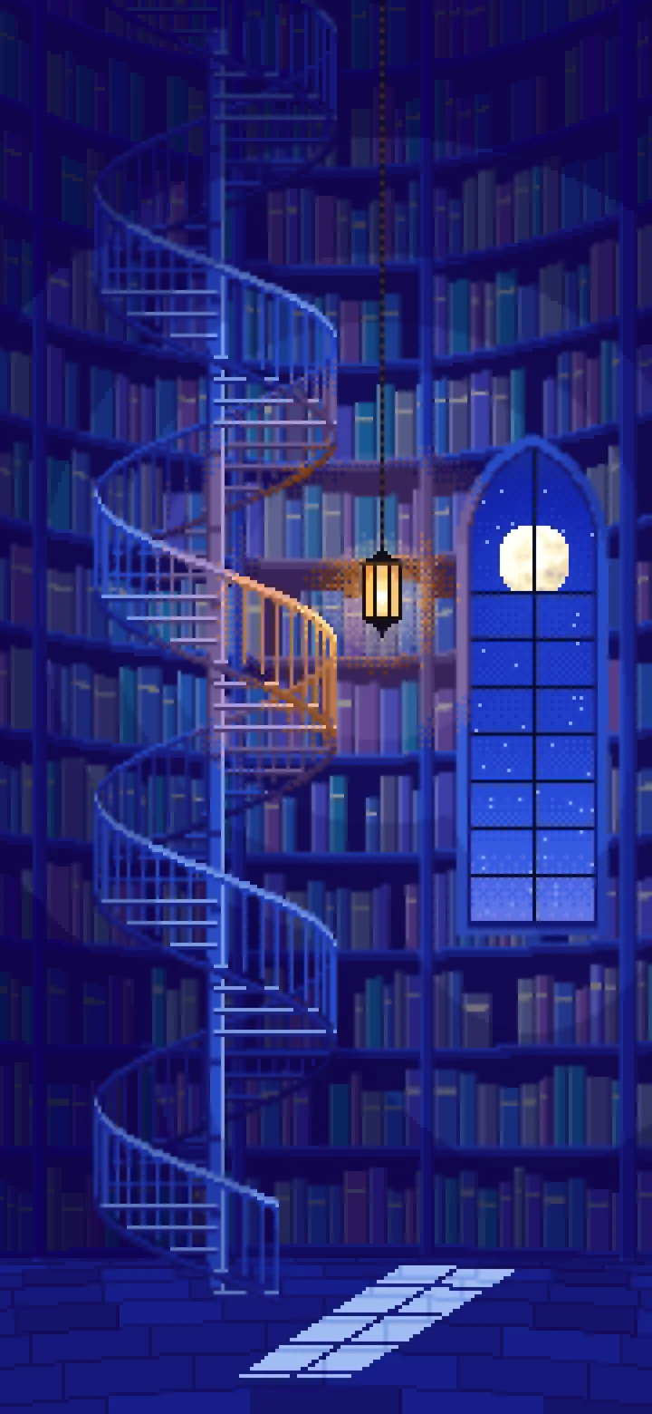 Royal Blue Pixel Art Gothic Library Staircase wallpaper for iPhone and Android