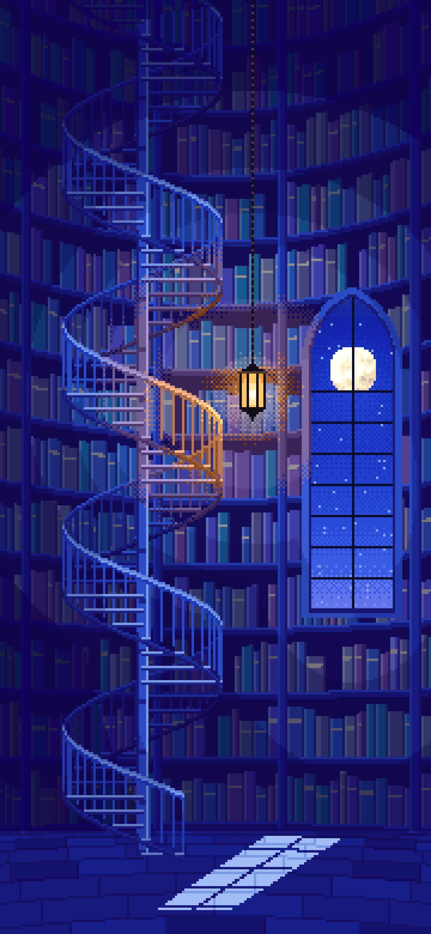 Royal Blue Pixel Art Gothic Library Staircase wallpaper for iPhone and Android