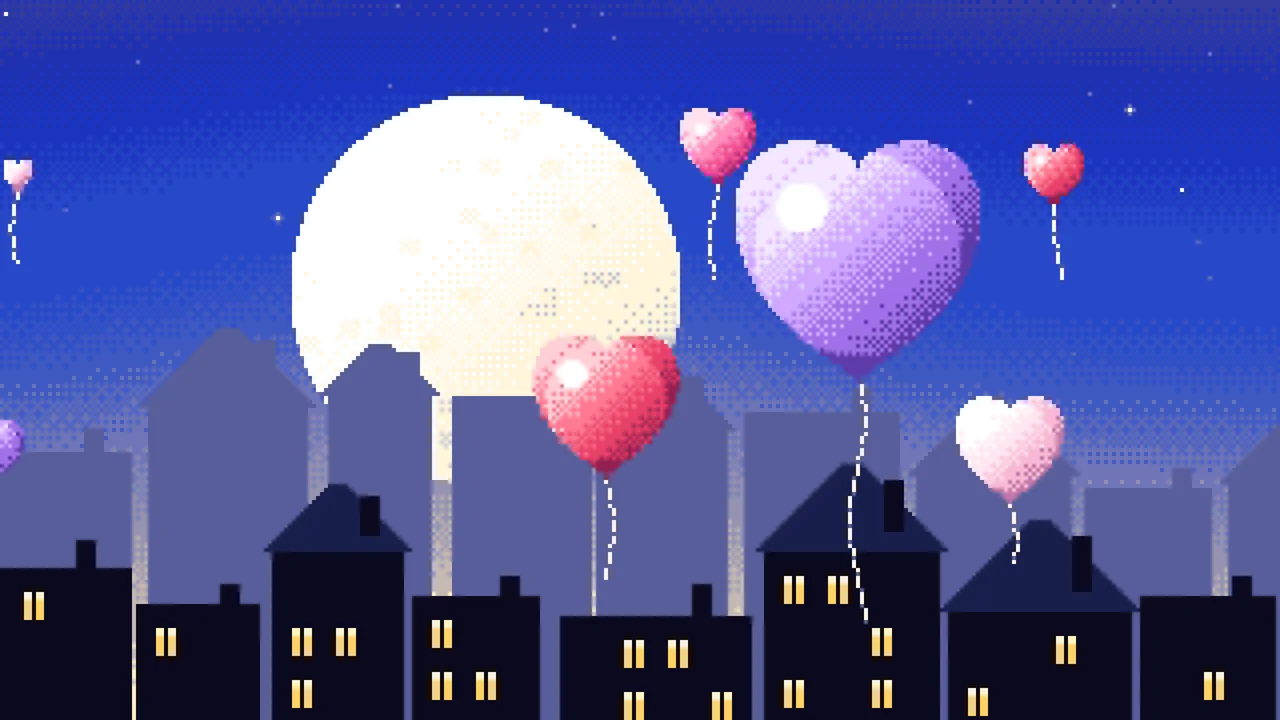 Royal Blue Pixel Art Heart Balloons desktop wallpaper in 4K