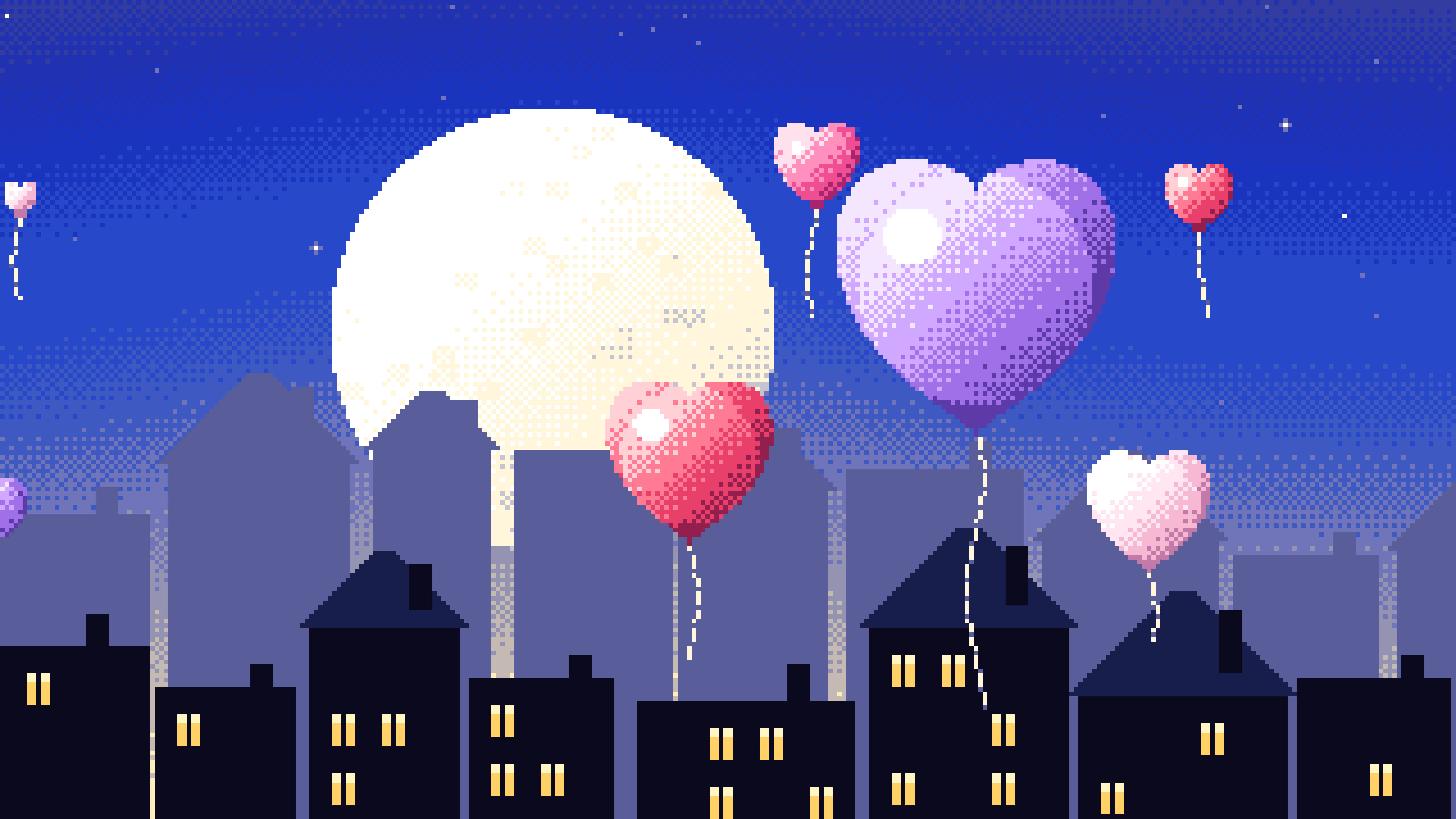 Royal Blue Pixel Art Heart Balloons desktop wallpaper in 4K