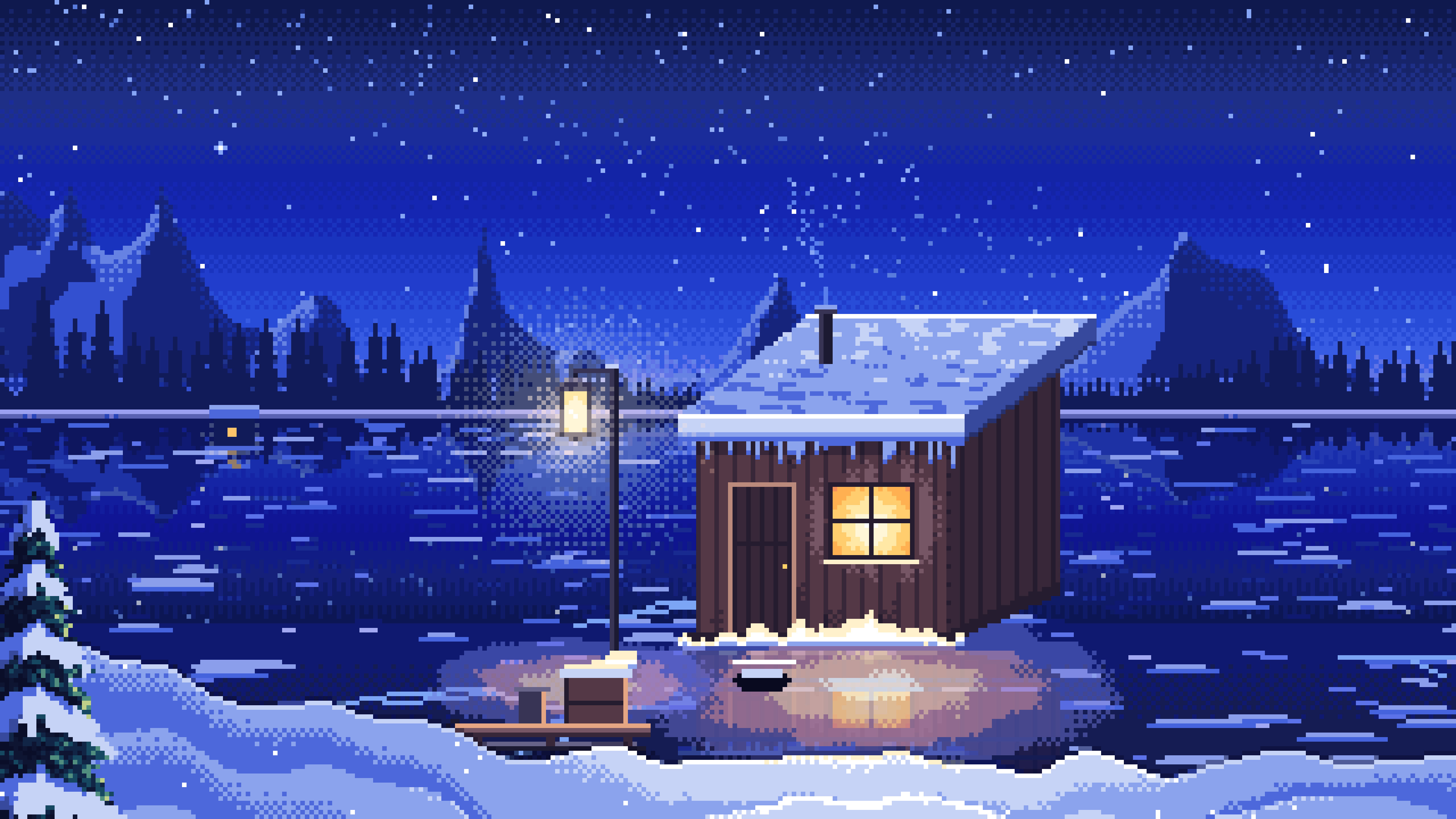 Royal Blue Pixel Art Ice Fishing Hut on a Frozen Lake desktop wallpaper in 4K