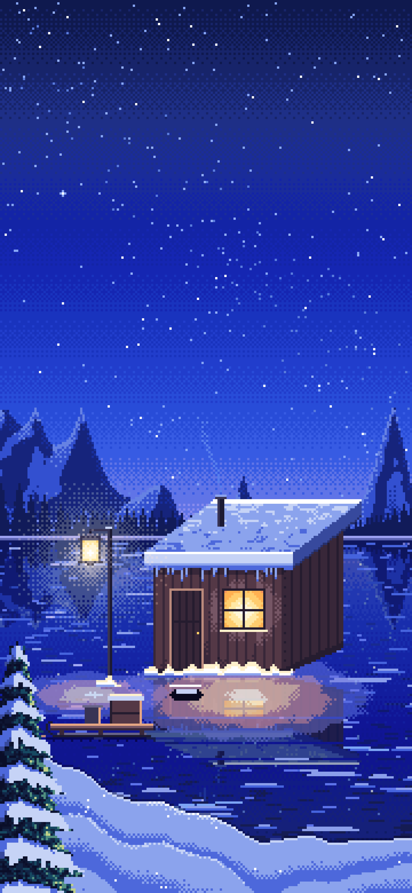 Royal Blue Pixel Art Ice Fishing Hut on a Frozen Lake wallpaper for iPhone and Android