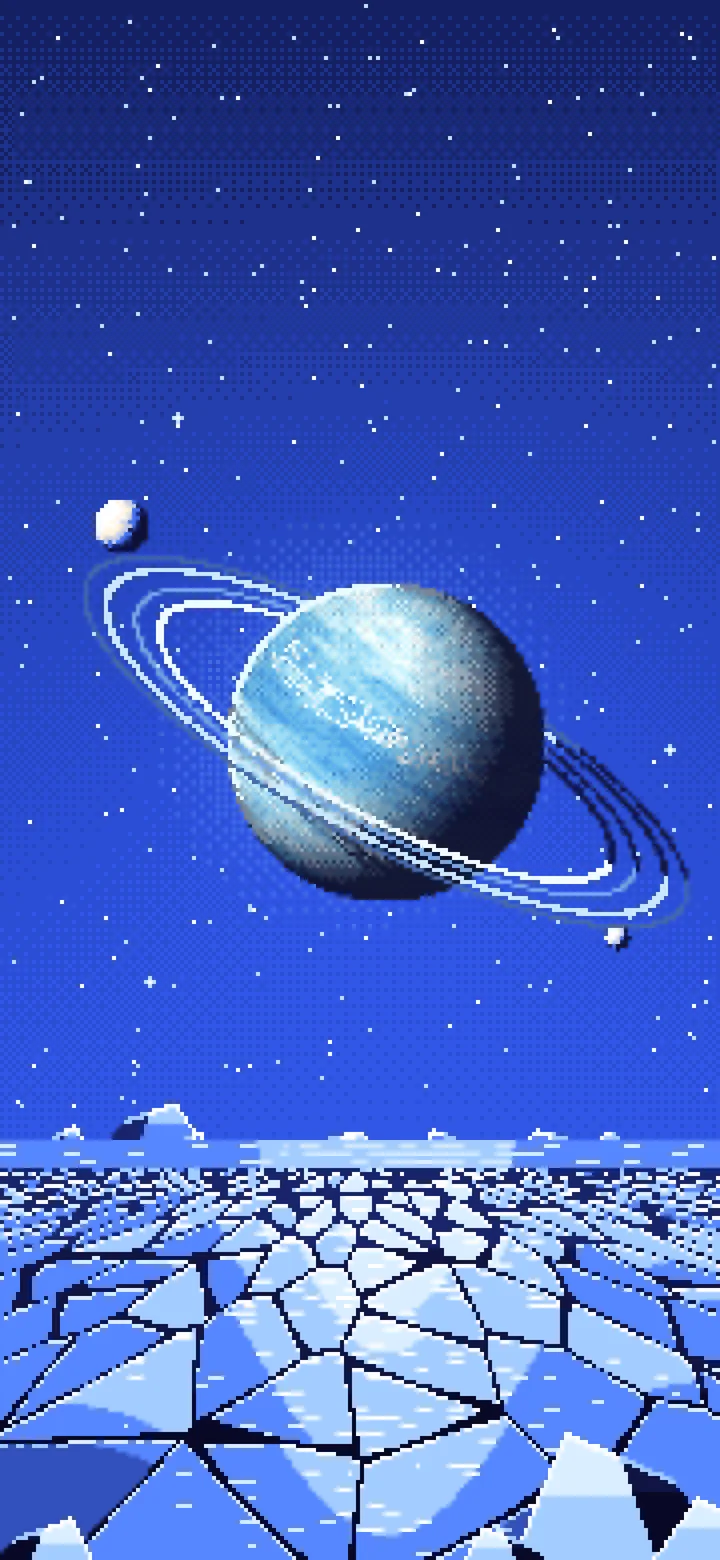Royal Blue Pixel Art Ice Planet Over a Frozen Ocean wallpaper for iPhone and Android