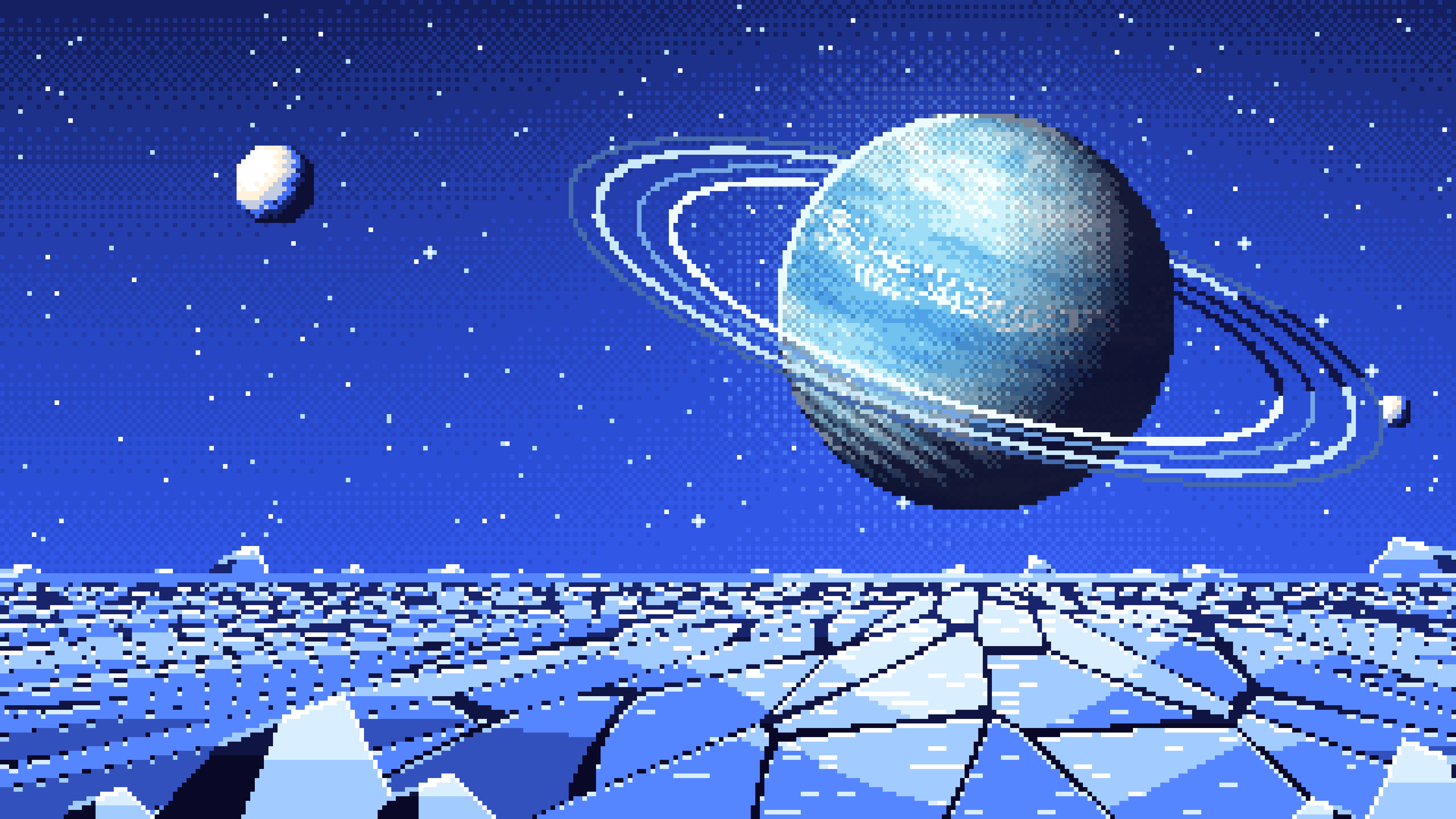 Royal Blue Pixel Art Ice Planet Over a Frozen Ocean desktop wallpaper in 4K
