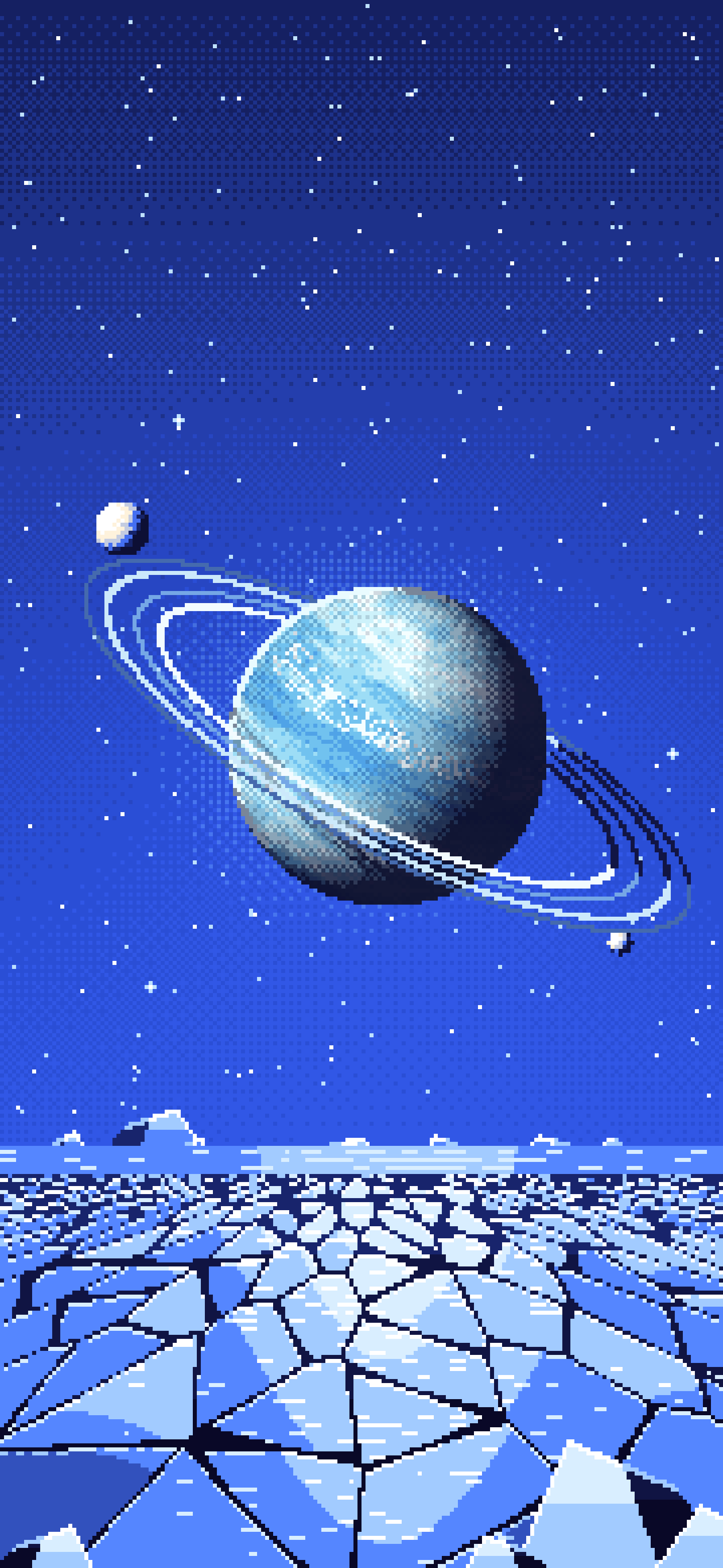 Royal Blue Pixel Art Ice Planet Over a Frozen Ocean wallpaper for iPhone and Android