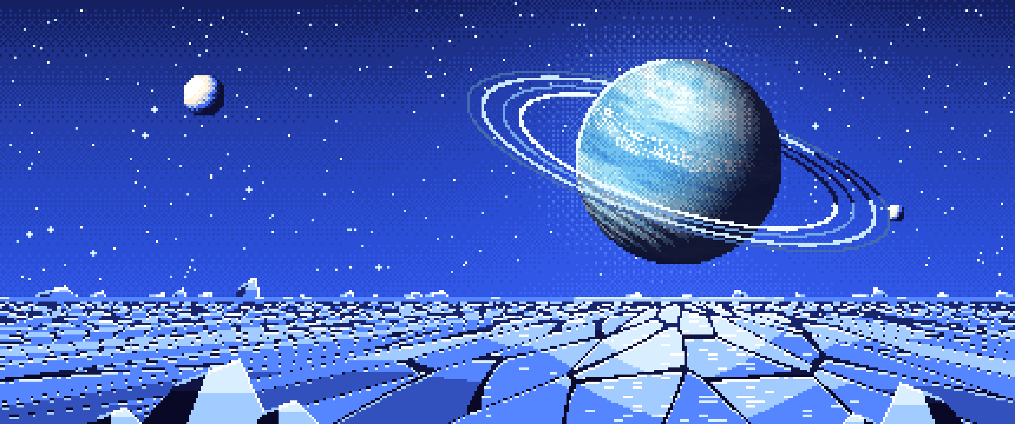 Royal Blue Pixel Art Ice Planet Over a Frozen Ocean ultrawide wallpaper, 3440 × 1440