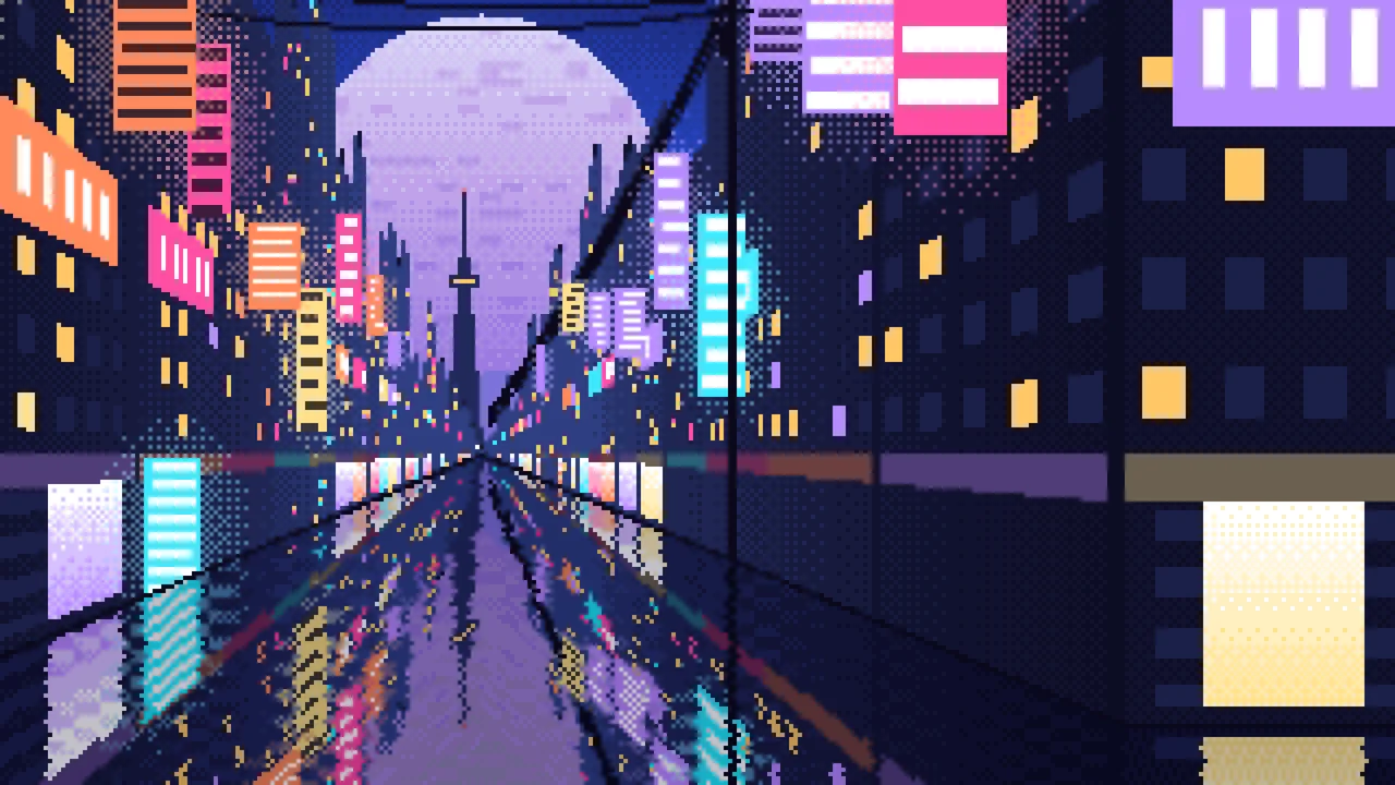 Royal Blue Pixel Art Japanese City Street desktop wallpaper in 4K