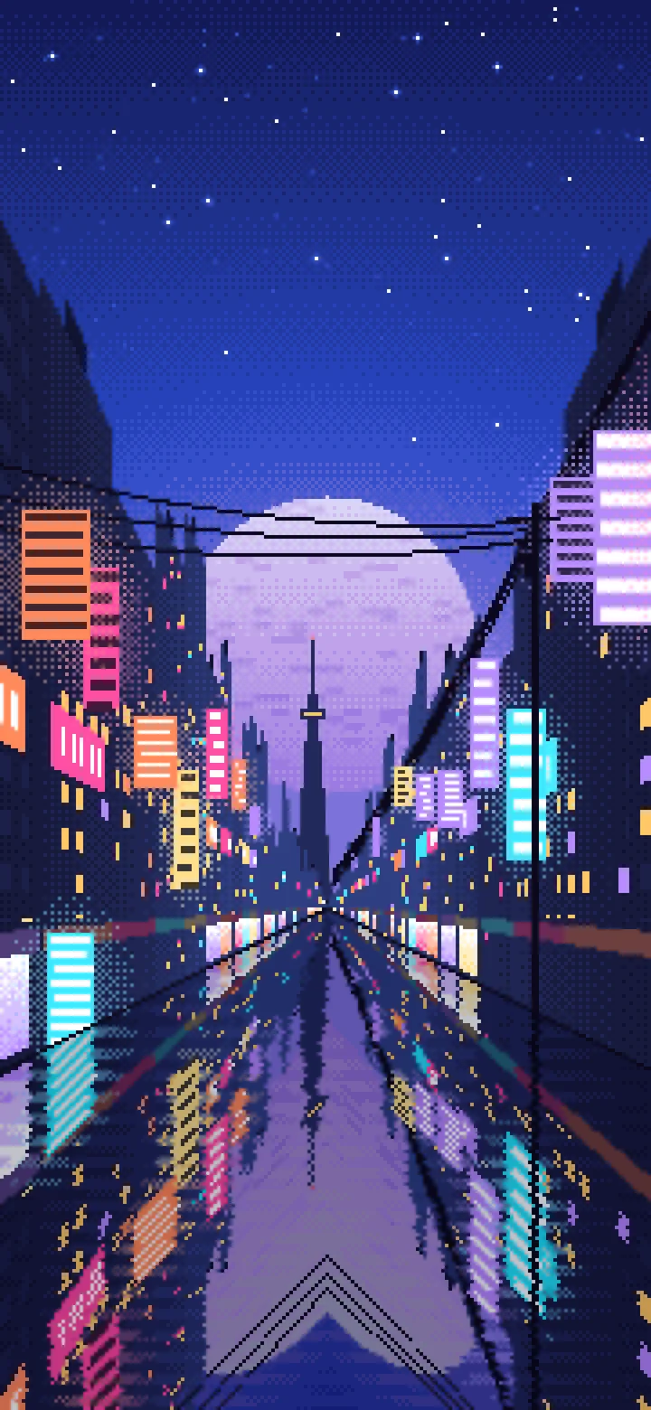 Royal Blue Pixel Art Japanese City Street wallpaper for iPhone and Android