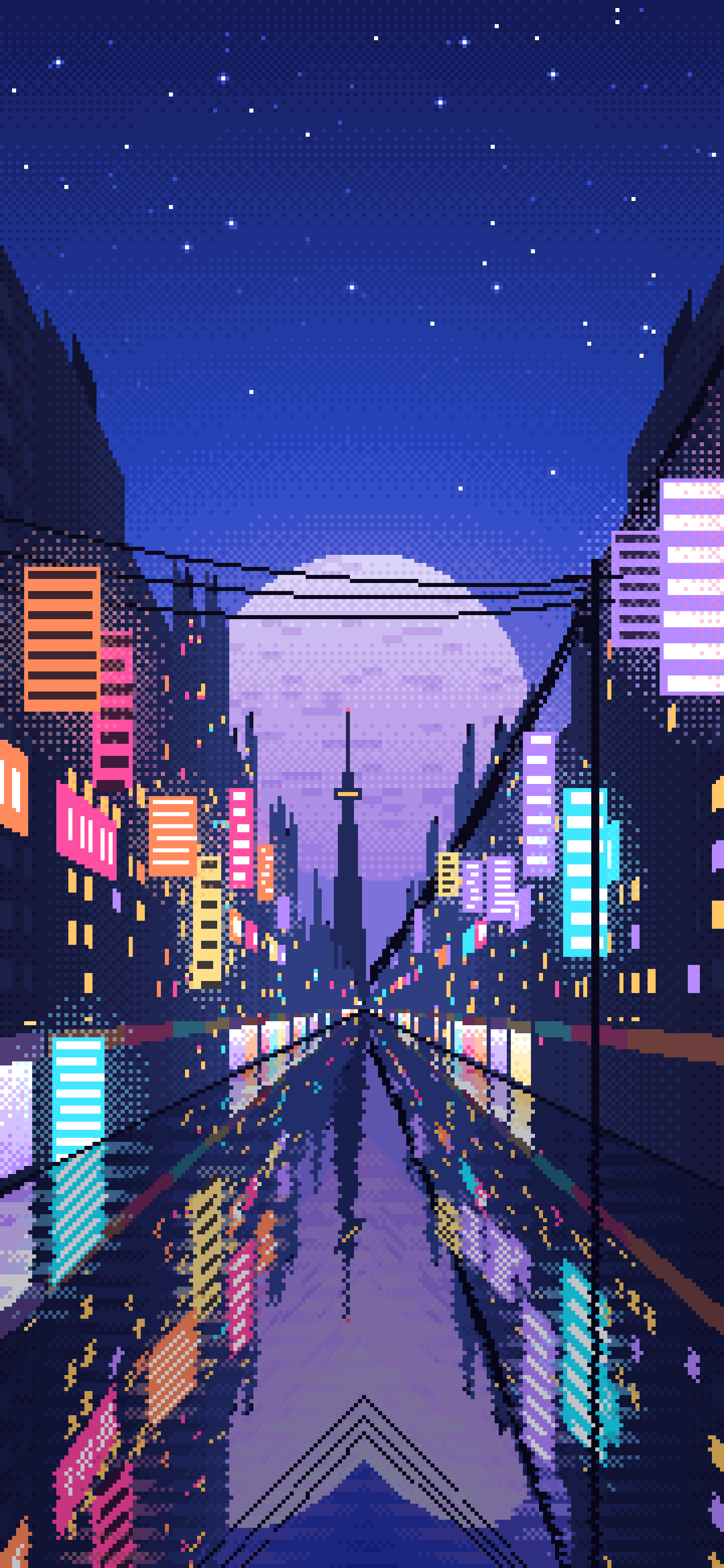 Royal Blue Pixel Art Japanese City Street wallpaper for iPhone and Android