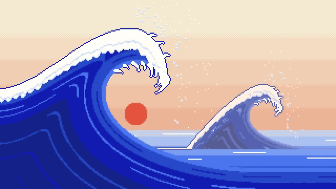 Royal Blue Pixel Art Japanese Great Wave desktop wallpaper in 4K