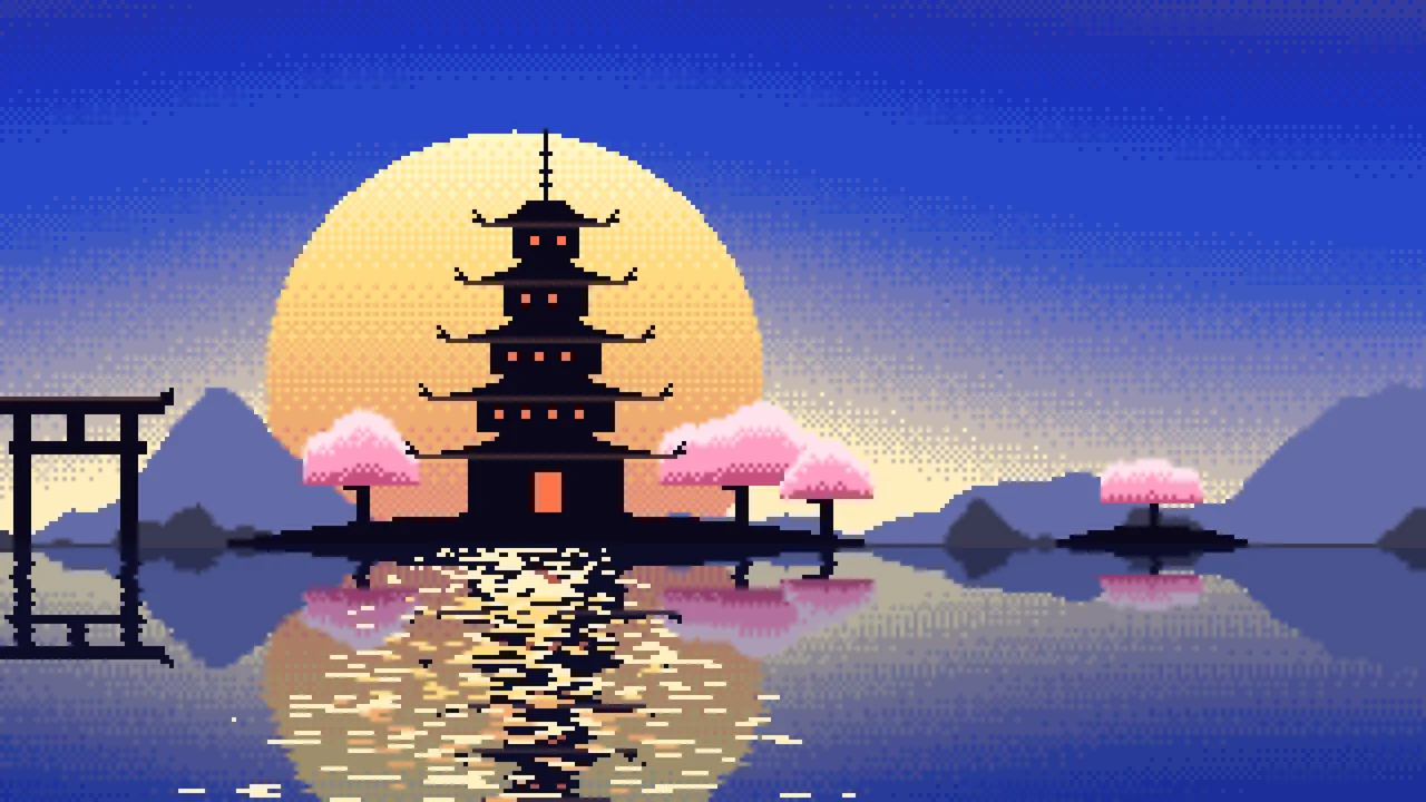 Royal Blue Pixel Art Japanese Temple desktop wallpaper in 4K