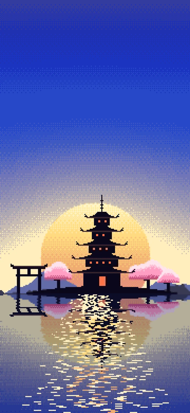 Royal Blue Pixel Art Japanese Temple wallpaper for iPhone and Android