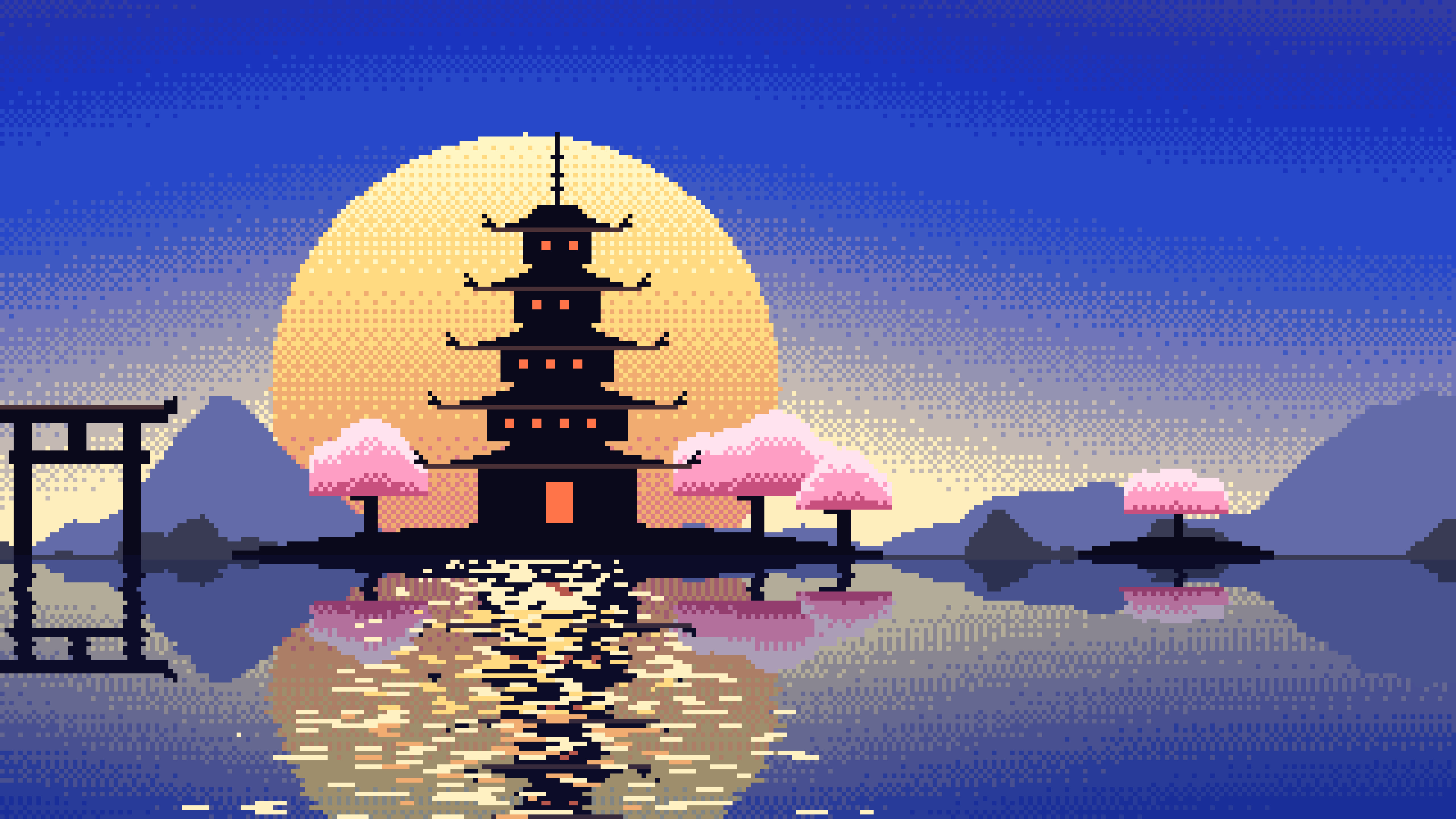 Royal Blue Pixel Art Japanese Temple desktop wallpaper in 4K