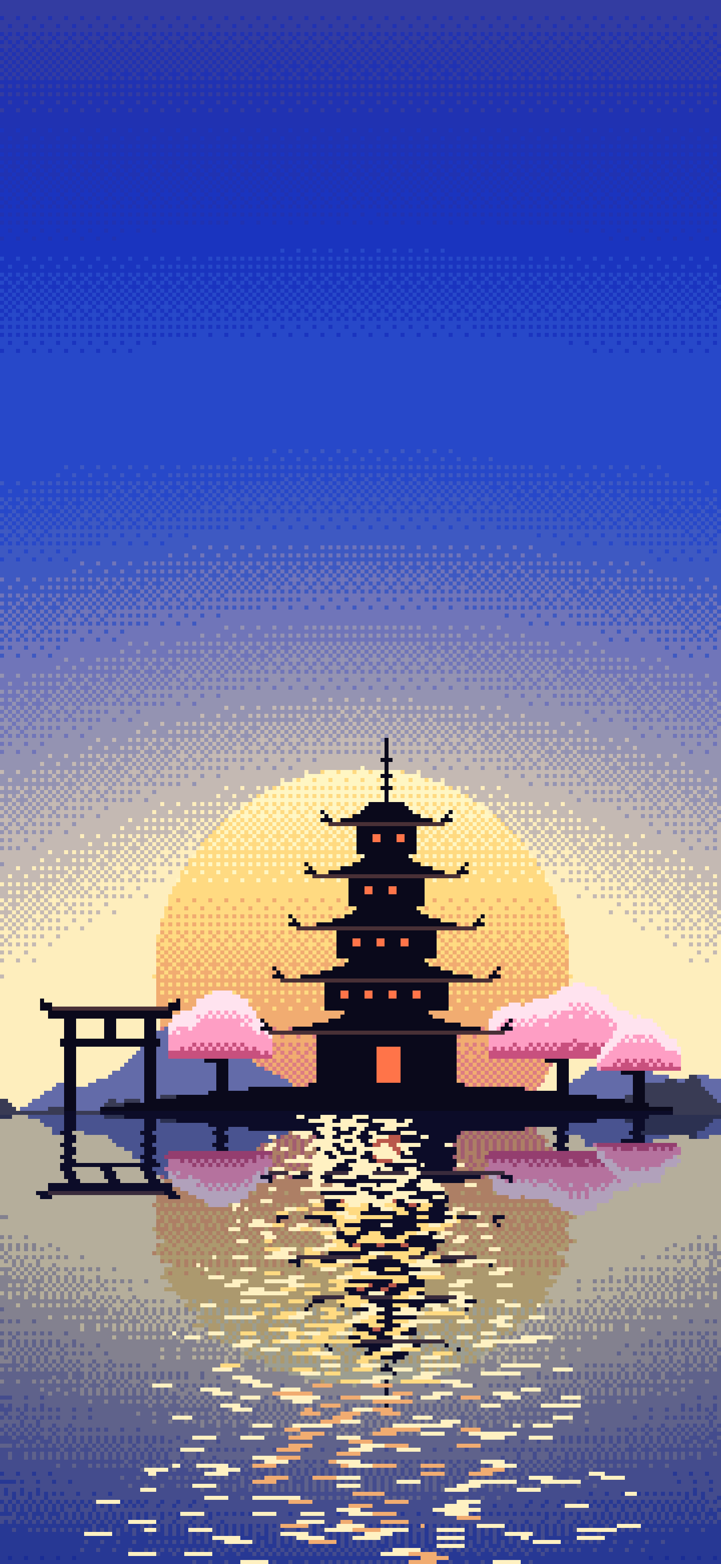 Royal Blue Pixel Art Japanese Temple wallpaper for iPhone and Android