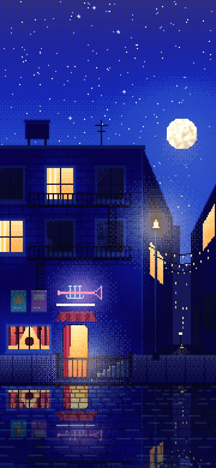 Royal Blue Pixel Art Jazz Club at Night wallpaper for iPhone and Android