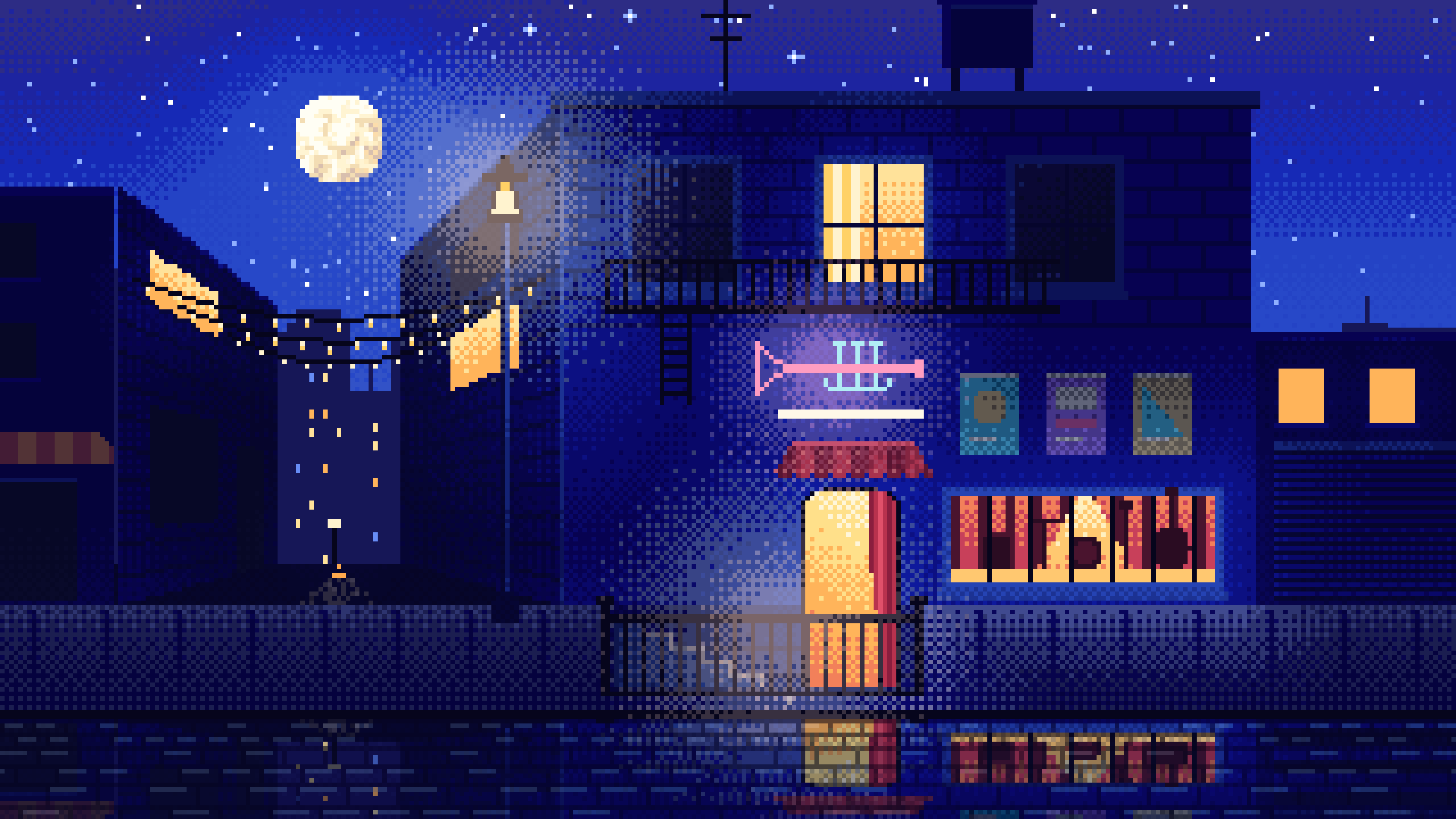 Royal Blue Pixel Art Jazz Club at Night desktop wallpaper in 4K