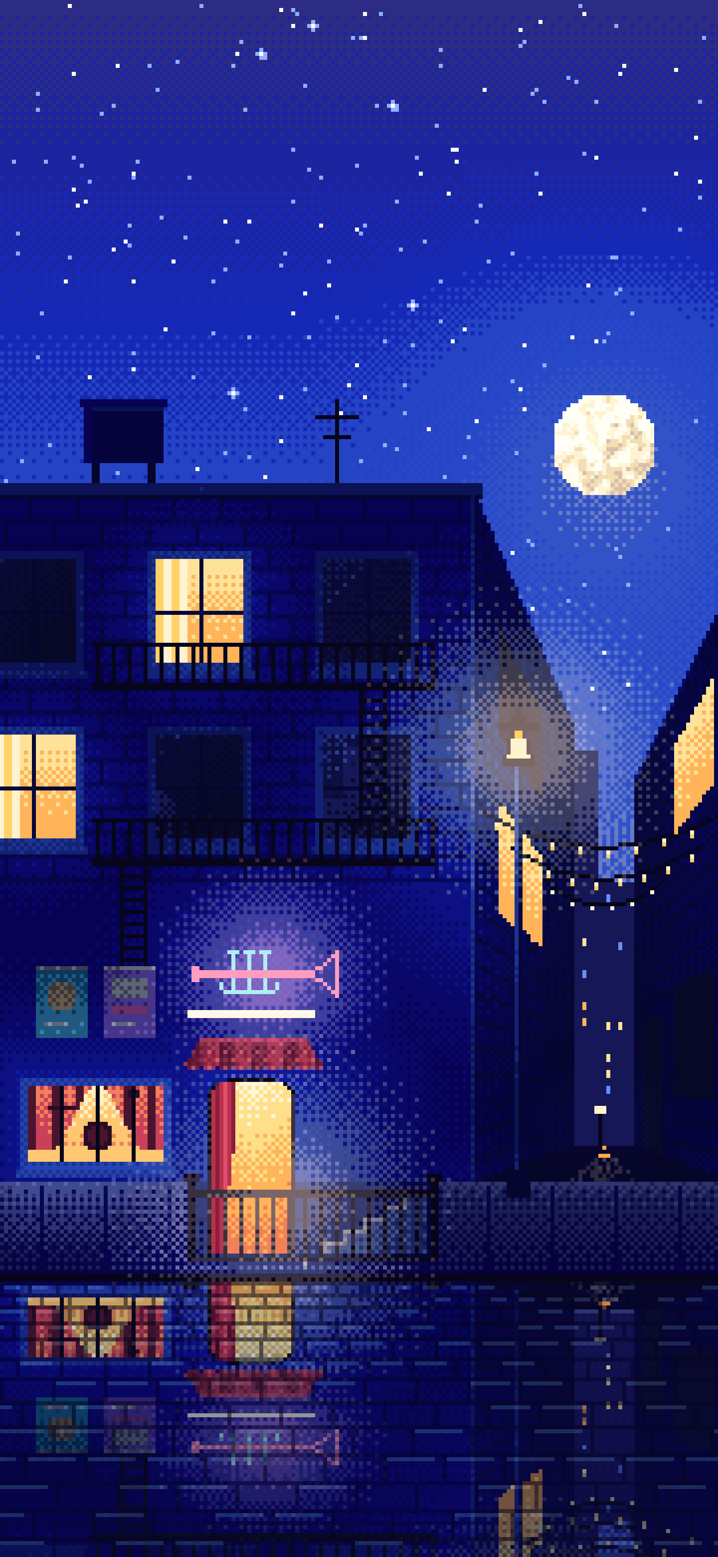 Royal Blue Pixel Art Jazz Club at Night wallpaper for iPhone and Android