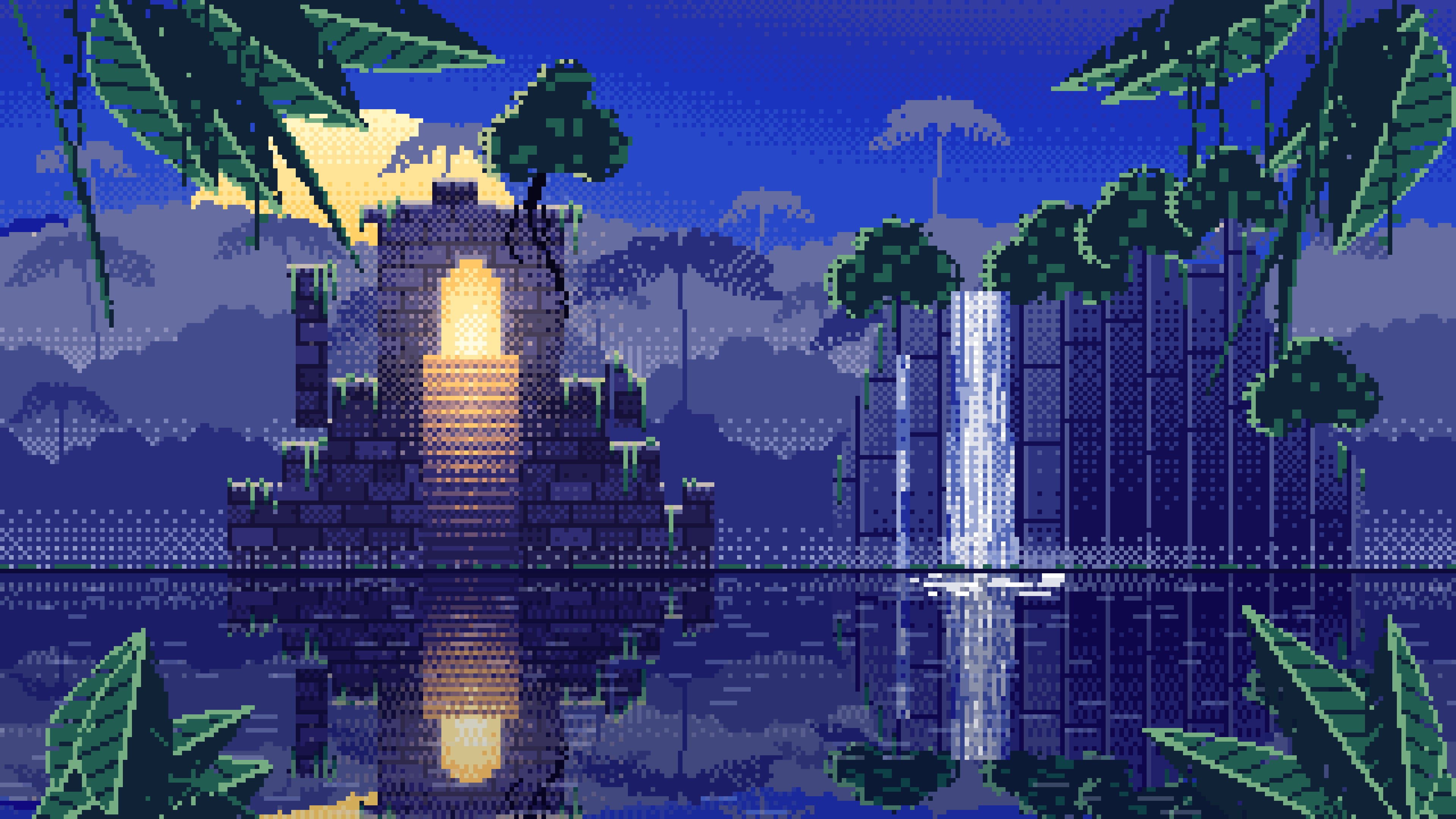 Royal Blue Pixel Art Jungle Temple Ruins desktop wallpaper in 4K