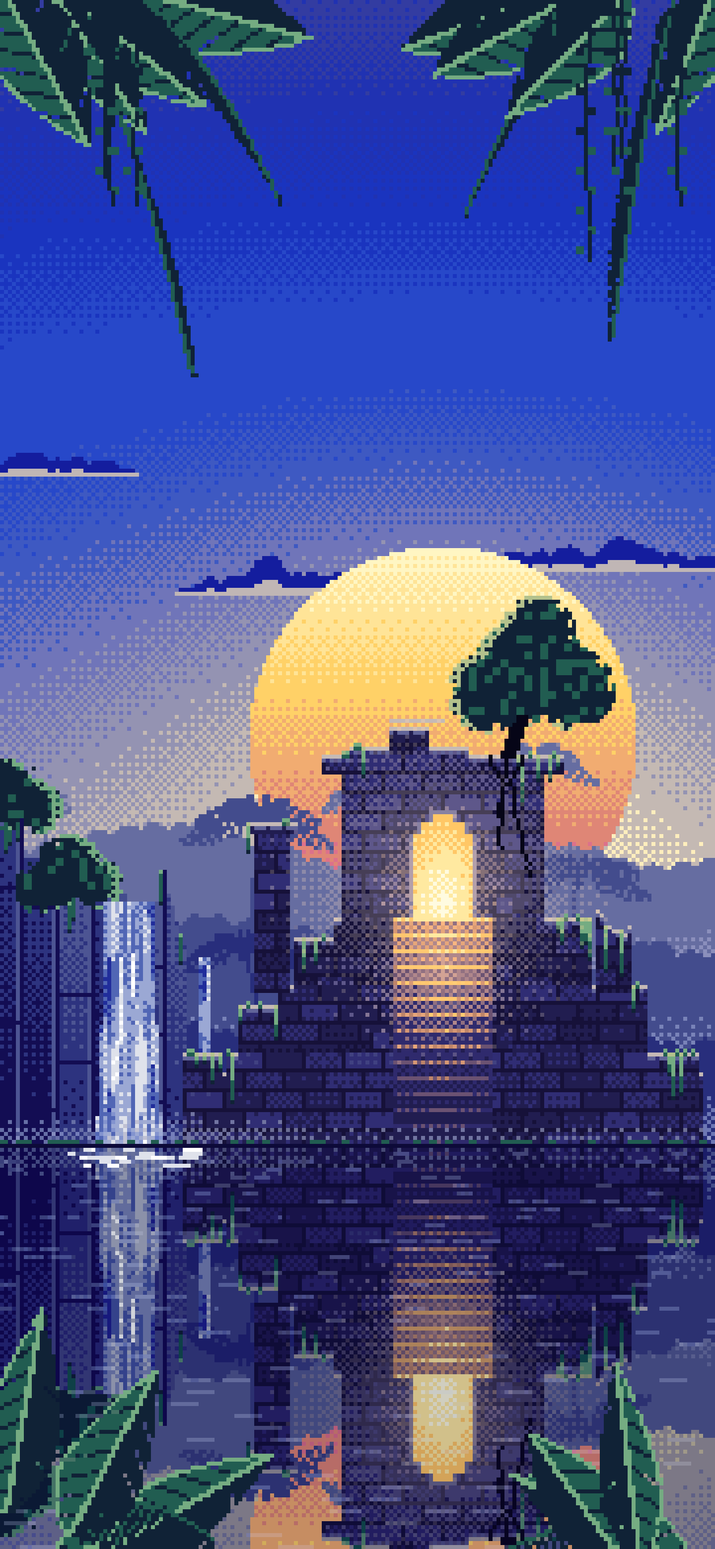 Royal Blue Pixel Art Jungle Temple Ruins wallpaper for iPhone and Android