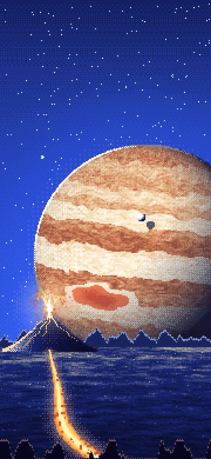 Royal Blue Pixel Art Jupiter Over a Molten World wallpaper for iPhone and Android