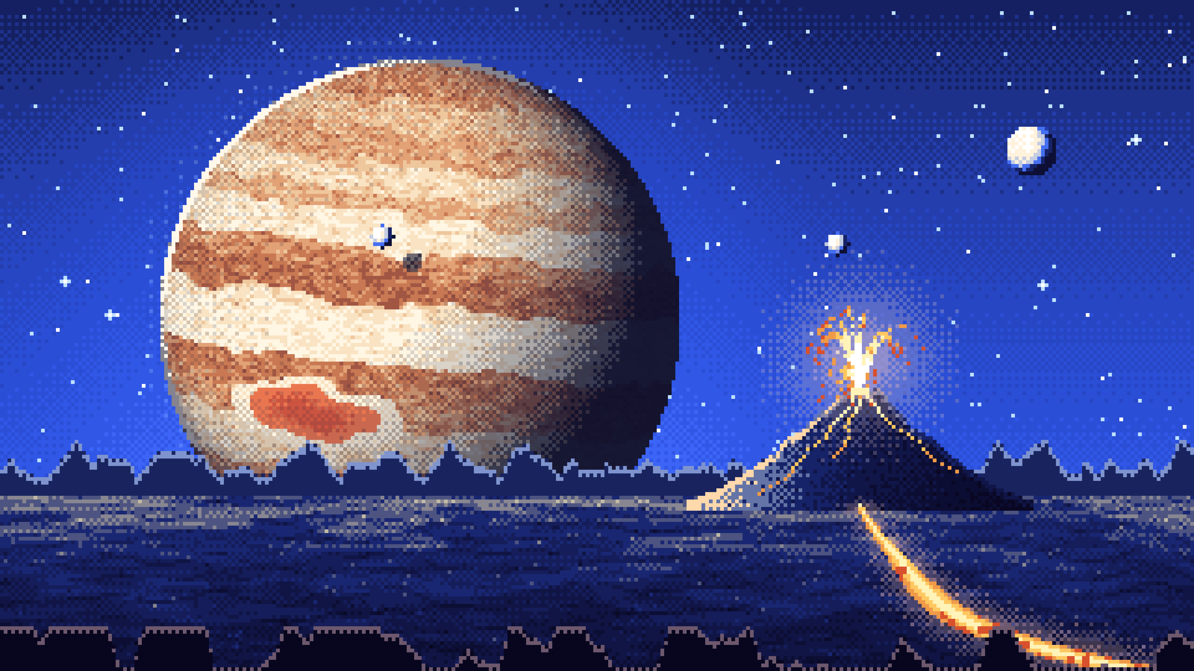 Royal Blue Pixel Art Jupiter Over a Molten World desktop wallpaper in 4K
