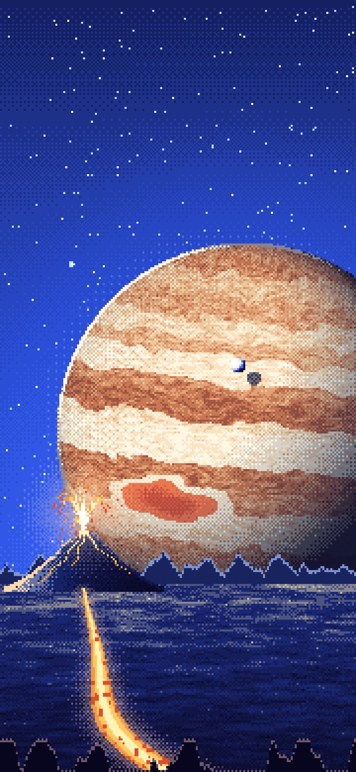 Royal Blue Pixel Art Jupiter Over a Molten World wallpaper for iPhone and Android